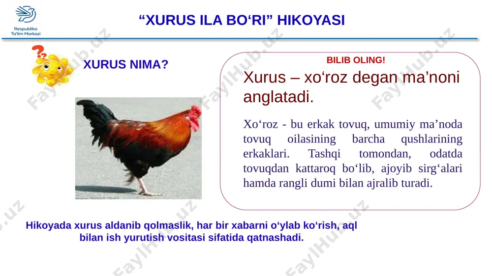 hmaydi. ayyorlik qilgan insonlar avvalo, o‘ziga jabr qiladi. hushyor insonlar do‘st bilan dushman ajrata oladi. aql egasi hiylaga aldanmagay, hiylagarning hiylasi boshin yegay. do‘st ila dushman so‘zining farqi bor, fahm etar har kimki, o‘lsa hushyor. tahlil: kundalik hayotda uchraydigan qallobliklar, firibgarliklar, aldovlar ortida o‘sha ishni o‘ziga ep ko‘rgan odamlarning pastkashligi bilan birga, ular gapiga laqqa tushgan go‘l kishilar fojiasi ham ayanchlidir. har bir narsada hushyorlik, ogohlik zarur demak, har kimni ham sinamasdan, aslini bilmasdan do‘st deb o‘ylash, unga ishonish aqldan emas. hushyorlik, ogohlik hech qachon odamga ziyon keltirmaydi. bugungi axborot asrida yuz berayotgan buzg‘unchi fikrlar insoniyat boshiga qanchalik ko‘p kulfatlar yog‘dirishi mumkin. aql bilan ish yuritish insonlarni kulfatdan asraydi. tahlil: hushyorlik, ogohlik nima? “janjalchilik zarari” hikoyasi bir suv ustiga ko‘pruk kabi bir taxta qo‘yilmish edi. bu taxtaning ustindan o‘tmak uchun iki echki iki tarafdan kelub, bir-biriga yo‘luqti. biri dediki: – “man sandan kattaman, san yoshsan, arqangga qayt. manga yo‘l ber”. …