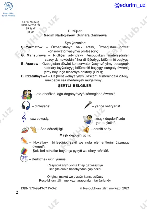 ýa-da oturyp aýtmaly. aýdym aýtmazdan öň howlukmazdan dem almaly. eginleri götermeli däl. sözüň arasynda dem almaň. aýdymyň sözleriniň anyk eşidilmegi üçin çekimli we çekimsiz sesleri dogry aýtmaly. aýdym aýdanda sesiňiz ýeňil we owadan eşidilsin. sesleri çekip aýdyň. aýdymy labyzly, diňleýjilere ýakymly bolar ýaly edip aýtmaly. aýdymy mugallymyňyzyň eline seredip aýtmagy öwreniň. a – u diýende ses aşakdan ýokary tarap çykýar. 4 a ou i ýe 1-nji ders @edurtm_uz 5 özbegistan respublikasynyň döwlet senasy sözleri a. arypowyňky sazy m. burhanowyňky 5 @edurtm_uz 66 daş-töweregimizde dürli sesler duşýar. bular: şowhunly we sazly seslerdir. şowhunly seslere jandarlaryň sesi, ýagşyň şytyrdysy, şemalyň şuwwuldysy ýaly sesler mysal bolup biler. şowhunly we sazly sesler sesler. 2–3-nji dersler @edurtm_uz 77 şonuň ýaly-da, jisimleriň sürtül- megi netijesinde emele gelýän seslere hem “şowhunly sesler” diýilýär. @edurtm_uz 88 aýdym aýdanda we saz gurallaryny çalanda ýaňlanýan seslere “sazly ses- ler” diýilýär. @edurtm_uz 99 andijan polkasy halk sazy n. narhojaýew tarapyndan gaýtadan …