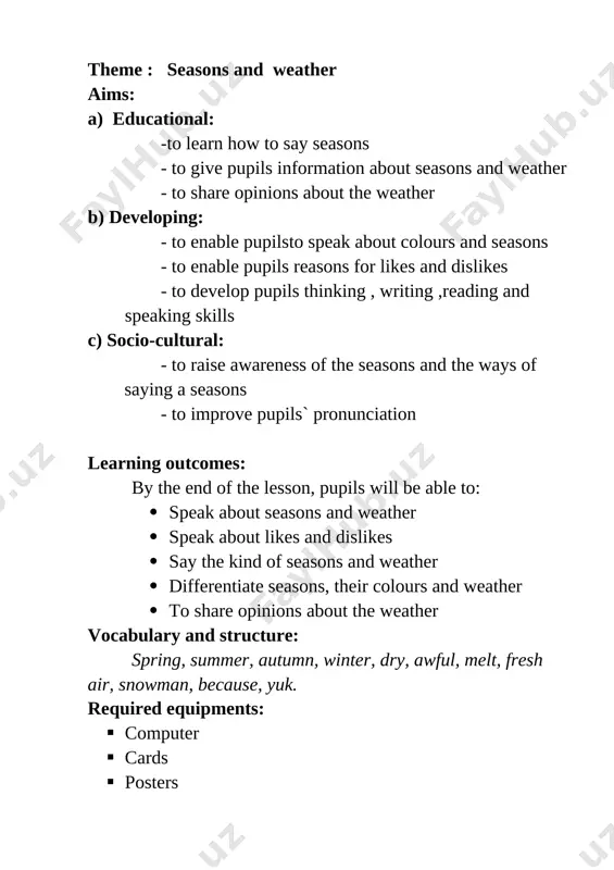 ave fresh air. i must have snow and ice. sun , sun, go away ! talking about likes and dislikes (5min): i like cold because i must have snow. i like wind because it is cold. i like snow because i can play . i like ice because i can skate. i don’t like dry weather because i melt. i don’t like sun because i melt. writing about likes and dislikes i like summer because , it is hot . i like hot weather because it can go swimming. i like spring because it is warm . i like warm weather because i can go walking. i don’t like cold weather because i can’t play football. i don’t like cool weather because it is rainy. reading for specific information (5 min) the weather in tashkent is very dry.the summer is long, hot and dry. but in the mountains near tashkent …
