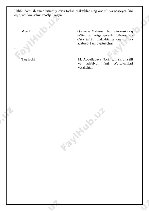 ompetensiya: – vatanga sadoqatli, insonlarga mehr-oqibatli hamda milliy qadriyatlarga e’tiqodli bo‘lish, badiiy asarlarni tushunish, nutqiy me’yorlarga rioya qilish va sog‘lom turmush tarziga amal qilish. o’quv jarayonini amalga oshirish texnologiyasi dars turi: yangi bilim beruvchi , nazorat qiluvchi, mustahkamlovchi; dars metodi: “kim chaqqon”, “guruhlar bilan ishlash “, “ o`z- o`zini baholash”, ”qutini to`ldir”, ”davom ettir”, dars jihozi: darslik, ko’rgazmali va didaktik materiallar, proyektor, akt darsning blok chizmasi: № dars bosqichlari: bajariladigan ish mazmuni ajratilgan vaqt 1 tashkiliy qism salomlashish, davomatni aniqlash, sinfni darsga tayyorlash,ma’naviyat daqiqasini tashkil etish 3 daqiqa [image: ] 2 o’tilgan mavzuni takrorlash takrorlash, mustahkamlash, yangi mavzu bilan bog’lash 8 daqiqa 3 yangi dars mavzusi mazmunini tushuntirish yangi mavzuni tushuntirish 14 daqiqa 4 yangi mavzuni mustahkamlash yangi mavzuni mustahkamlash 15 daqiqa 5 dars yakuni va baholash g’olib guruhni aniqlash, rag’batlantirish. darsning so’ngi xulosasini chiqarish 3 daqiqa 6 uyga vazifa o’qituvchi tomonidan uyga vazifa e’lon qilinadi . 2 daqiqa [image: …