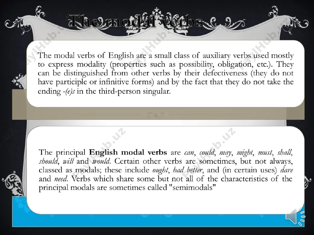 (as can could – see above). it is sometimes said that might and could express a greater degree of doubt than may. for uses of might in conditional sentences, and as a past equivalent to may in such contexts as indirect speech, see past forms above. must the modal must expresses obligation or necessity: you must use this form; we must try to escape. it can also express a confident assumption (the epistemic rather than deontic use), such as in it must be here somewhere. an alternative to must is the expression have to (in the present tense sometimes have got to), which is often more idiomatic in informal english when referring to obligation. this also provides other forms in which must is defective (see replacements for defective forms above) and enables simple negation (see below). when used with the perfect infinitive (i.e. with have and the past participle), must …