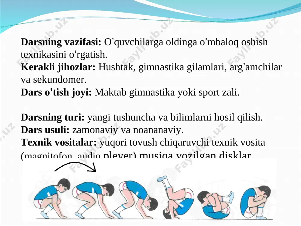 olatda oldinga egilib chap oyoqni, 2 markazni, 3 o’ng oyoqni ushlash, 4 d.x. 1-2 marta 9. dastlabki holat. oyoqlar yelka kengligida, qo’llar tizzada, 1-2 tizzani ichki tomonga, 3-4 tashqi tomonga aylantirish. 1-2 marta tizzalarni keng holatda aylantiring. 10. sakrash chap oyoqda 5 marta, o’ng oyoqda 5 marta, ikkala oyoqda 10 marta. 1-2 marta baland-baland sakrang. mavzu: oldinga o’mbaloq oshish usulini mustahkamlash va arg’amchida sakrashni o’quvchilarni saflab, tushuntirib berish, ko’rsatib berish, amalda bajartirish, harakatini nazorat qilish. oquvchilar soniga qarab 5-6 guruhlarga ajratish. harbir guruhga 1 dona gimnastika gilami oralig’i ikki metr masofada qo’yish va 1 donadan arg’amchini ikkala gilam oralig’iga diametri 50 sm bo’lgan sakrash doirasini chizib qo’yib chiqish. diqqatingizni mavzuga qarating va qoidalarni yodda tuting. bajarish texnikasiga e’tibor bering. guruhingizni eslab qoling orqaga o’mbaloq oshish texnikalari to`siqlar ustidan o’mbaloq oshish mustahkamlash: o’quvchilarni oldinga o’mbaloq oshish texnikalarini xatosiz bajarish va sakrash qoidalarini amalda yana bir bor ko’rsatib o’tish. uyga vazifa: o’tilgan …