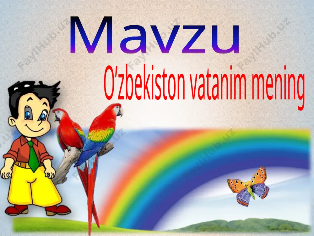 aytib beradi. i:tashkiliy qism i – guruh “boychechak” ii – guruh “chuchmoma” dasrning shiori shior maqsadimiz o’qib o’rganamiz,ijod qilamiz, shu ozod vatanni obod qilamiz dars qoidasi – faollik -tezkorlik -intizomga rioya qilish -o’zoro xurmat -izlanuvchanlik -to’g’ri javob berish -vaqt bu-oltin 1991-yilning 31-avgusti vatanimiz tarixi sahifalariga oltin harflar bilan yozildi. chunki shu kuni o'zbekiston respublikasining mustaqilligi e'lon qilindi. 1991-yil 1-sentabr o'zbekiston respublikasining mustaqilligi kuni deb belgilandi. shu yildan boshlab 1-sentabr umumxalq bayrami sifatida butun mamlakatimizda keng nishonlanib kelinmoqda. aziz o’quvchilar barchangizni bilimlar kuni hamda mustaqilligimizning 30 yilligi bilan chin qalbdan tabriklayman.bayramingiz qutlug’ bo’lsin aziz bolajonlar!mustaqillik darsimizni “yangi o‘zbekistonda erkin va farovon yashaylik!” shiori ostida olib boramiz yangi o‘zbekistonda erkin va farovon yashaylik 30 mustaqillik maydoniga kirishdan oldin “motamsaro ona haykal” va “ona va bola” haykali poyiga gulchambar qo’yish kerak.hozir sizlar bilan “gul” metodidan foydalanib gulchambar yasaymiz.har bir avtobusdagilar alohida gulchambar tayyorlashi kerak.marhamat ushbu so’zlarga ta’rif bering va gulchambarni tayyorlang. mustaqillik so’ziga …