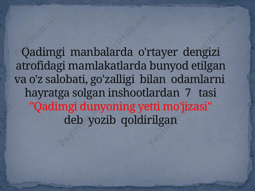 an. uning bo`yi-35 metr bo`lgan. haykalni haykaltarosh heres 12 yil davomida bunyod etgan. gelios haykali 60 yil atrofida turib, yer qimirlashi oqibatida vayron bo`lgan. galikarnas maqbarasi qadimgi gretsiyaning kariy podsholiginning poytaxti galikarnasda podsho mavsol milod- dan avvalgi 353- yilda ham maqbara ham ibodatxona qurdiradi. maqbarinig kengligi-66m. uzunligi-77m, balandligi-46m. maqbara juda kuchli zilzila tufayli milodiy xv asrda vayron bo`ladi. aleksandriya mayog`i * miloddan avvalgi 283-yilda misr yaqinidagi foros orolida kemalarning xavfsiz aleksandriya bandargohiga kirishini ta`minlash maqsadida bunyod etilgan mayog`ning balandligi 120 metr bo`lgan. * mayog`ning eng yuqori qismida “dengiz xudosi” poseydonning 7metrlik haykali o`rnatilgan. mayog` xv asr o`z vazifasini bajargan aleksandriya mayog`i kuchli zilzila tufayli xv asrlarda to`la vayron bo`ladi. etiboringiz uchun rahmat! image3.jpeg image4.jpeg image5.jpeg image6.jpeg image7.jpeg image8.jpeg image9.jpeg image10.jpeg image11.jpeg image12.jpeg image13.jpeg image14.jpeg audio1.wav image15.jpeg image16.jpeg image17.jpeg image18.jpeg image19.jpeg image20.jpeg image21.jpeg image22.jpeg image23.jpeg image24.jpeg image25.jpeg image26.jpeg image27.jpeg image28.jpeg image29.jpeg image30.jpeg image31.jpeg image32.jpeg image33.jpeg image34.jpeg image35.jpeg image36.jpeg image37.jpeg image38.jpeg image39.jpeg …