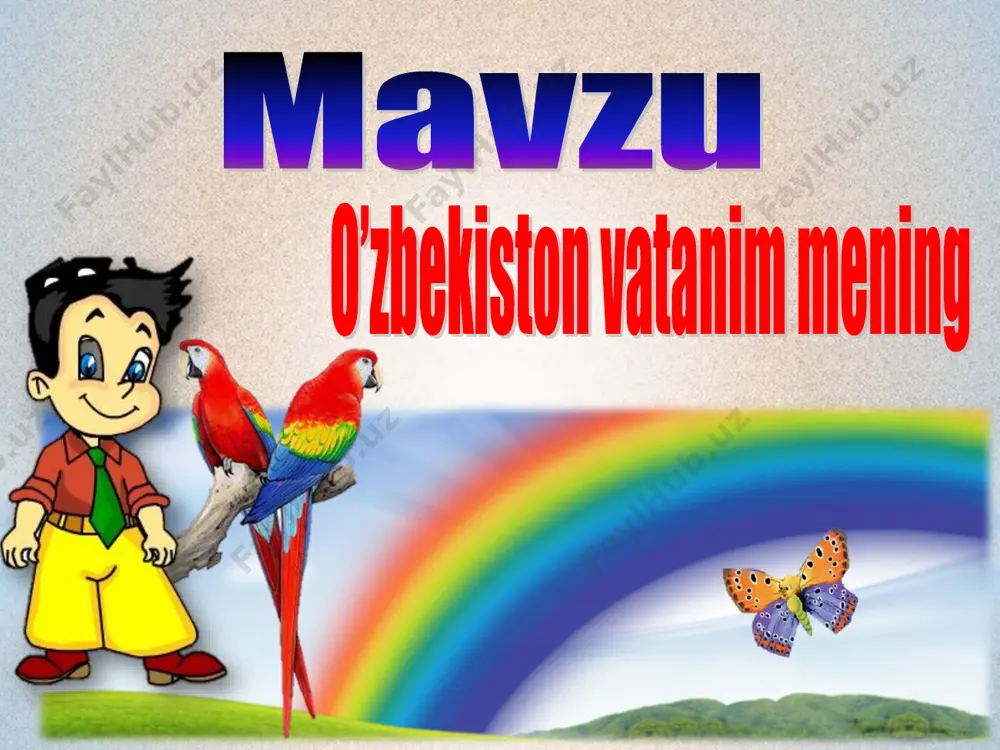 r tayyorlab beramiz murojaat uchun telefon 97-845-09-09 telegram @secret_0909 guruhimiz : @fidoiy_ustozlar i:tashkiliy qism i – guruh “boychechak” ii – guruh “chuchmoma” * * o’qib o’rganamiz,ijod qilamiz, *shu ozod vatanni obod qilamiz dars qoidasi – faollik -tezkorlik -intizomga rioya qilish -o’zoro xurmat -izlanuvchanlik -to’g’ri javob berish -vaqt bu-oltin 1991-yilning 31-avgusti vatanimiz tarixi sahifalariga oltin harflar bilan yozildi. chunki shu kuni o'zbekiston respublikasining mustaqilligi e'lon qilindi. 1991-yil 1-sentabr o'zbekiston respublikasining mustaqilligi kuni deb belgilandi. shu yildan boshlab 1-sentabr umumxalq bayrami sifatida butun mamlakatimizda keng nishonlanib kelinmoqda. aziz o’quvchilar barchangizni bilimlar kuni hamda mustaqilligimizning 30 yilligi bilan chin qalbdan tabriklayman.bayramingiz qutlug’ bo’lsin aziz bolajonlar!mustaqillik darsimizni “yangi o‘zbekistonda erkin va farovon yashaylik!” shiori ostida olib boramiz mustaqillik maydoniga kirishdan oldin “motamsaro ona haykal” va “ona va bola” haykali poyiga gulchambar qo’yish kerak.hozir sizlar bilan “gul” metodidan foydalanib gulchambar yasaymiz.har bir avtobusdagilar alohida gulchambar tayyorlashi kerak.marhamat ushbu so’zlarga ta’rif bering va gulchambarni tayyorlang. zanyatie …