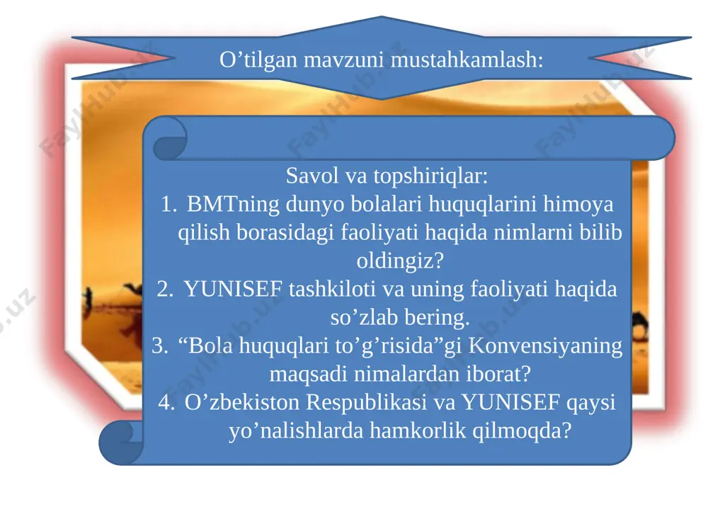 denti etib saylandi. o’zbekiston respublikasining davlat ramzlari. o’zbekiston respublikasining davlat bayrog’i- 1991-yil 18- noyabrda qabul qilingan. o’zbekiston respublikasining davlat gerbi- 1992-yil 2-iyulda tasdiqlangan. o’zbekiston respublikasi davlat madhiyasi. 1992-yil 10-dekabrda qabul qilingan. o‘zbekiston respublikasi madhiyasi. serquyosh hur o’lkam, elga baxt, najot, sen o’zing do’stlarga yo’ldosh, mehribon! yashnagay to abad ilmu fan, ijod, shuhrating porlasin toki bor jahon! oltin bu vodiylar- jon o’zbekiston, ajdodlar mardona ruhi senga yor! ulug’ xalq qudrati jo’sh urgan zamon, olamni mahliyo aylagan diyor! bag’ri keng o’zbekning o’chmas iymoni, erkin, yosh avlodlar senga zo’r qanot! istiqlol mash’ali, tinchlik posboni, haqsevar, ona yurt, mangu bo’l obod! oltin bu vodiylar- jon o’zbekiston, ajdodlar mardona ruhi senga yor! ulug’ xalq qudrati jo’sh urgan zamon, olamni mahliyo aylagan diyor! matn muallifi: a. oripov bastakor: m. burhonov e’tibor bering! o’zbekiston respublikasi qonun bilan tasdiqlanadigan o’z davlat ramzlari- bayrog’i, gerbi va madhiyasiga ega. o’zbekiston respublikasining konstitutsiyasi, 5-modda. davlat ramzlari xalqimiz faxri g’ururidir. ularga hamisha …