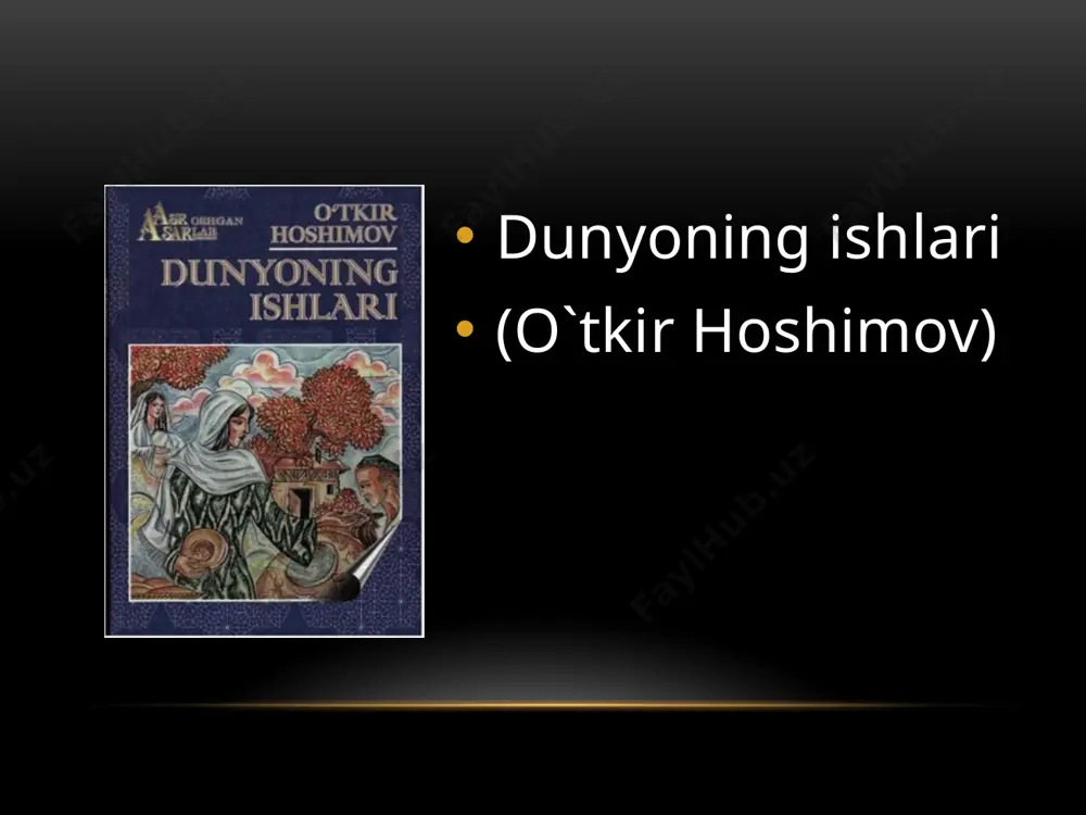 odob qoidalarini o‘zida mujassam etgan ona madh etiladi. 1983 -yil «dunyoning ishlari» qissasi uchun oybek nomidagi adabiy mukofot bilan taqdirlandi. «dunyoning ishlari» qissasi asosida ishlangan film yillar davomida «zangori ekran»da 30 martaga yaqin namoyish qilindi. e’tiboringiz uchun raxmat!!! image1.png image3.png audio1.wav image4.jpeg image5.gif image6.jpeg image7.png image8.png image9.jpeg image10.png image11.png