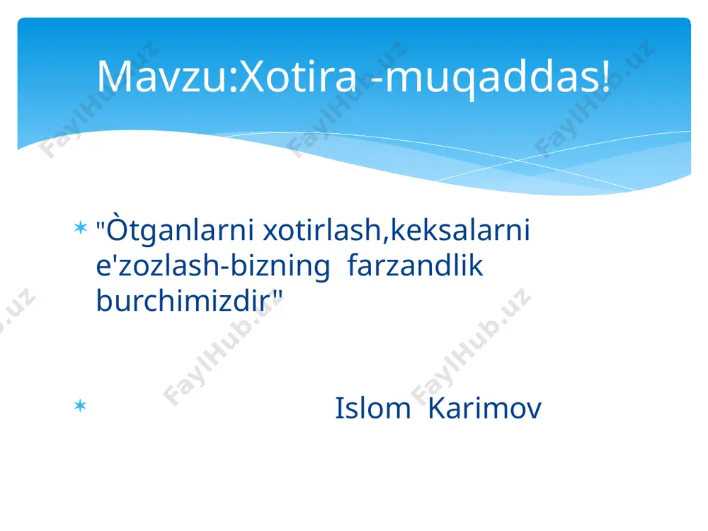 . mana bugun xotira kuni, ģalabaning bahoridir bu jahon ichra yangi yulduzning tantanali nahoridir bu. sizga ta'zim etaylik dil qarzini bitaylik irodasi pòlatdan zakovati teranlar veteran qahramonlar!! siz doim qalbimizdasiz. e'tiboringiz uchun rahmat. (tarbiyaviy-axborot darslari uchun)