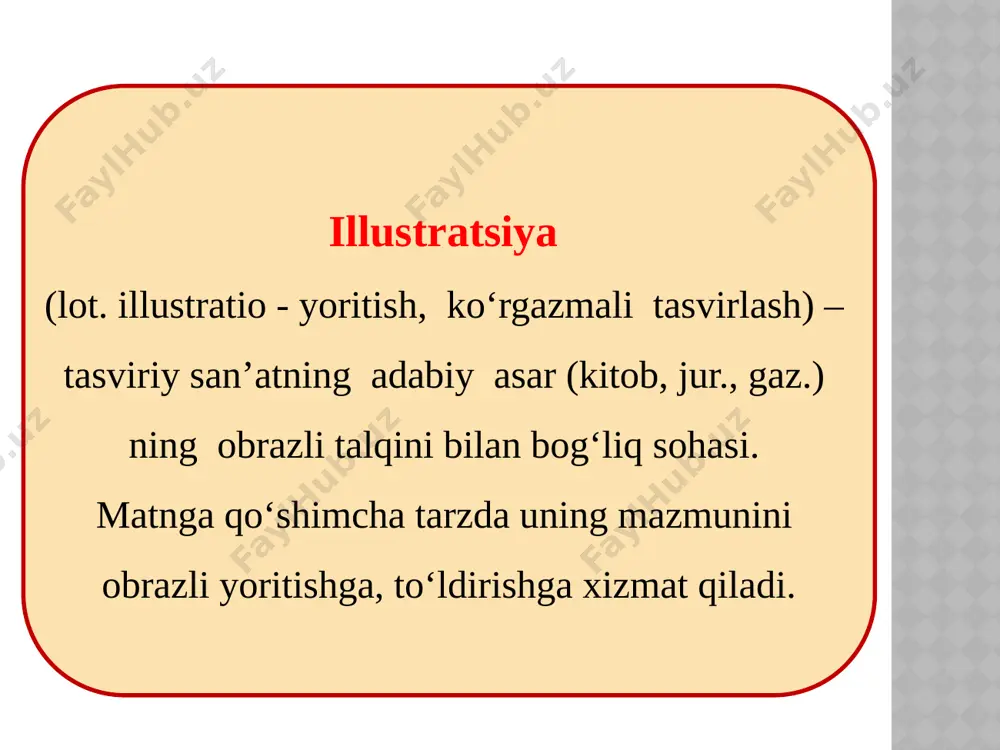 hum bola” asari ushbu asardagi “shum bola” obrazi adabiy asar qahramoni sifatida olinib, unga illustratsiyalar bevosita kitob bezagi mazmuni bilan bog’liq holda olib borilgan. asardagi qiziqarli voqea, hodisalar tanlab olinib, ularga mos eskizlar chizilgan. ushbu rasmlarda shum bolaning onasidan yashirincha xumdagi yog’ va xovlisidagi tovuqlarning tuxumidan olib ko’chaga chiqib ketayotgan vaqtida onasi uni ko’rib qolib, koyiyotgani tasvirlangan. asar qahramoni obrazining tashqi ko’rinishlari, xatti-xarakatlaridan kambag’al, qashshoq, mehmondo’st, sodda ekanligini ko’rishimiz mumkin. mavzuni mustahkamlash: adabiy asarda qahramon qanday tasvirlanadi? adabiy asarlarning mazmuni qanday yoritiladi? “shum bola” asarida nimalar yoritilgan? e’tiboringiz uchun rahmat! image2.jpeg image3.png image4.png image5.jpeg image6.jpeg image7.jpeg image8.wmf image1.jpeg