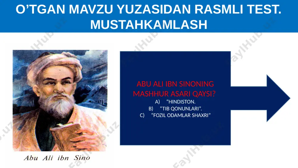 omiya yili ” deb e’lon qilindi. 12 yodda tuting. ulugbek tarixga oid “to’rt ulus tarixi” asarini yozgan. buxoro, samarqand, g’ijduvonda 3 ta madarasa qurdirgan. 13 uyga topshiriq mirzo ulug’bekning ustozlari haqida yozing. ulugbekning asarlaridan bilasizmi ? 1994- yil mirzo ulug’bek tavalludining necha yilligi nishonlandi? rasadxona deganda nimani tushundingiz? kim mirzo ulug’ bekni “sharqning yorqin yulduzi” deb atagan? 14 image1.png image2.jpg image3.jpg image4.jpeg image5.jpg image6.jpg image7.jpg image8.jpeg image9.jpg image10.gif image11.jpg image12.png image13.jpeg image14.jpg image15.gif image16.jpeg image17.jpg image18.jpg image19.jpeg image20.jpeg image21.jpeg image22.jpeg