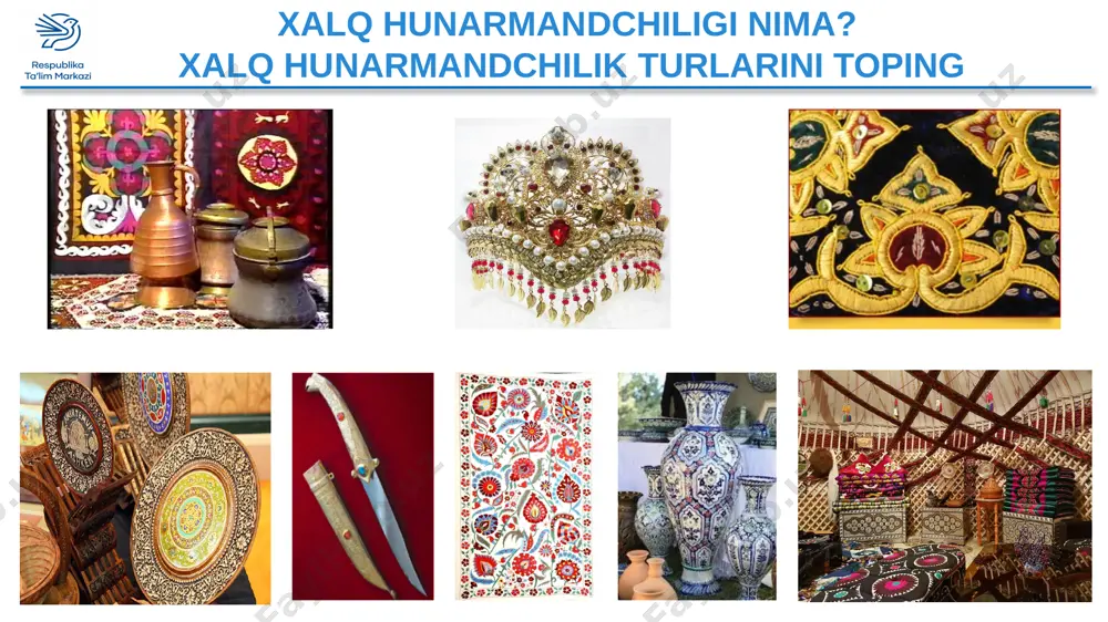 o''jiza yaratmoqda. ha, xalqning hayoti va urf-odatlari bilan chambarchas bog'liq bo'lgan bu san'at turi qo'li gul chevarlar tomonidan asrlar osha yanada sayqallanib kelinmoqda. xalq kashtachiligini o'ziga xos san'at, hunar sifatida o'rganish esa hozirgi zamon talablaridan biridir. 2 kashtachilik tarixi kashtani kelib chiqish tarixi o‘zbek kashtasi dunyodaga mashhur o‘zbekistonda kashtachilik san’ati xxi, xii, xiv asrda kashtachilik san`ati xviii va xix asrda kashtachilik san`ati o‘zbekistonda kashtachilik san`ati bugun kashtachilik san’ati tarixi o`zbek milliy kashtado`zlik xalq hunarmandchilik san'atining eng qadimiy turlaridan bo`lib, u xalqning o`z turmushini go`zal qilish istagi natijasida yuzaga kelgan. kashta kiyimlar va buyumlarni bezashda hamda ro`zg`or bezak buyumlari tayyorlashda qadimdan qo`llaniladi. kashtachiligimiz san'ati nafaqat mamlakatimizda, balki chet ellarda ham shuhrat qozongan. o`zbek chevar ustalari qo`llari bilan tikilgan kirpich, so`zana, zardevor, gulko`rpa, choyshab kabilar fransiya, italiya, yaponiya, germaniya, belgiya, amerika, hindiston kabi xorijiy, shuningdek respublikamizning farg`ona vodiysida faqat xonadonlarda emas, balki amaliy san'at muzeylarida ko`p namunalari to`planib, doimiy ekspozitsiyaga aylanib qolgan. …