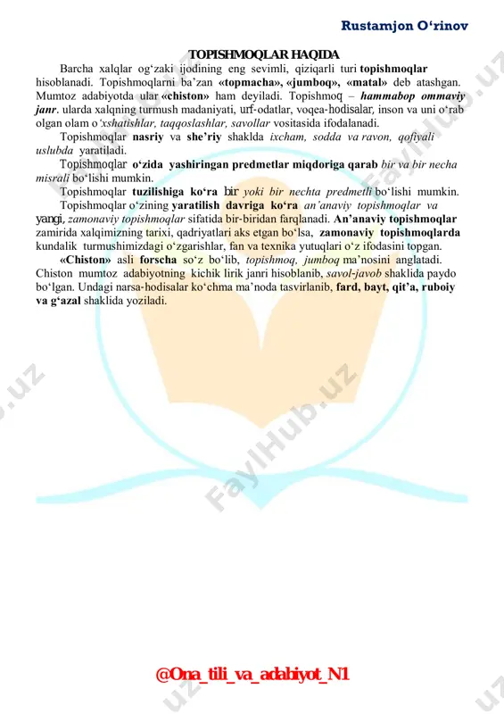 moqda deymiz. rustamjon o‘rinov @ona_tili_va_adabiyot_n1 topishmoqlar haqida barcha xalqlar og‘zaki ijodining eng sevimli, qiziqarli turi topishmoqlar hisoblanadi. topishmoqlarni ba’zan «topmacha», «jumboq», «matal» deb atashgan. mumtoz adabiyotda ular «chiston» ham deyiladi. topishmoq – hammabop ommaviy janr. ularda xalqning turmush madaniyati, urf-odatlar, voqea-hodisalar, inson va uni o‘rab olgan olam o‘xshatishlar, taqqoslashlar, savollar vositasida ifodalanadi. topishmoqlar nasriy va she’riy shaklda ixcham, sodda va ravon, qofiyali uslubda yaratiladi. topishmoqlar o‘zida yashiringan predmetlar miqdoriga qarab bir va bir necha misrali bo‘lishi mumkin. topishmoqlar tuzilishiga ko‘ra bir yoki bir nechta predmetli bo‘lishi mumkin. topishmoqlar o‘zining yaratilish davriga ko‘ra an’anaviy topishmoqlar va yangi, zamonaviy topishmoqlar sifatida bir-biridan farqlanadi. an’anaviy topishmoqlar zamirida xalqimizning tarixi, qadriyatlari aks etgan bo‘lsa, zamonaviy topishmoqlarda kundalik turmushimizdagi o‘zgarishlar, fan va texnika yutuqlari o‘z ifodasini topgan. «chiston» asli forscha so‘z bo‘lib, topishmoq, jumboq ma’nosini anglatadi. chiston mumtoz adabiyotning kichik lirik janri hisoblanib, savol-javob shaklida paydo bo‘lgan. undagi narsa-hodisalar ko‘chma ma’noda tasvirlanib, fard, bayt, qit’a, …