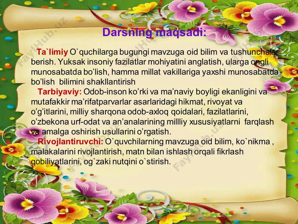 ida ishlash. ( akt, kalit so’zlar ko’rgazmasi, rasmli va ashyoviy ko`rgazmalar va h.k.). darsga qo`yilgan talablar * o`zaro hurmat; *fikrni erkin va ravon ifodalash; *o`zgalar fikrini tinglash va hurmat qilish; *adabiy til me`yorlari asosida gapirish. n darsning bosqichlari vaqti 1 tashkiliy qism 5 daqiqa 2 o`tilgan mavzuni takrorlash 10 daqiqa 3 yangi mavzu bayoni 15 daqiqa 4 yangi mavzuni mustahkamlash 10 daqiqa 5 baholash 3 daqiqa 6 uyga vazifa 2 daqiqa darsning borishi: i. tashkiliy qism. 1. salomlashish; 2. davomat bilan tanishish; ii. o`tilgan mavzuni va uy vazifasini so`rab, mavzuni mustahkamlash: 1-guruh “bilimdonlar” : “aqliy hujum” sharti orqali bilimilarii tekshiriladi. 1.nima uchun kattalar «o‘z oilasini sevgan inson mahallasini sevadi, mahallasini sevgan inson o‘z yurtini sevadi» deyishadi? 2.qanday insonni o‘z yurtini sevadigan inson deyish mumkin? 3.o‘z yurtiga bo'lgan sevgini nimalarda namoyon qilish mumkin? tezda o`ylang, tezda so`zlang! pedagogik texnalogiya-ma’lumotlarni o’zlashtirish uchun qulay shakl va usulda o’quvchiga yetkaza bilish jarayonidan iborat. pedagogik …