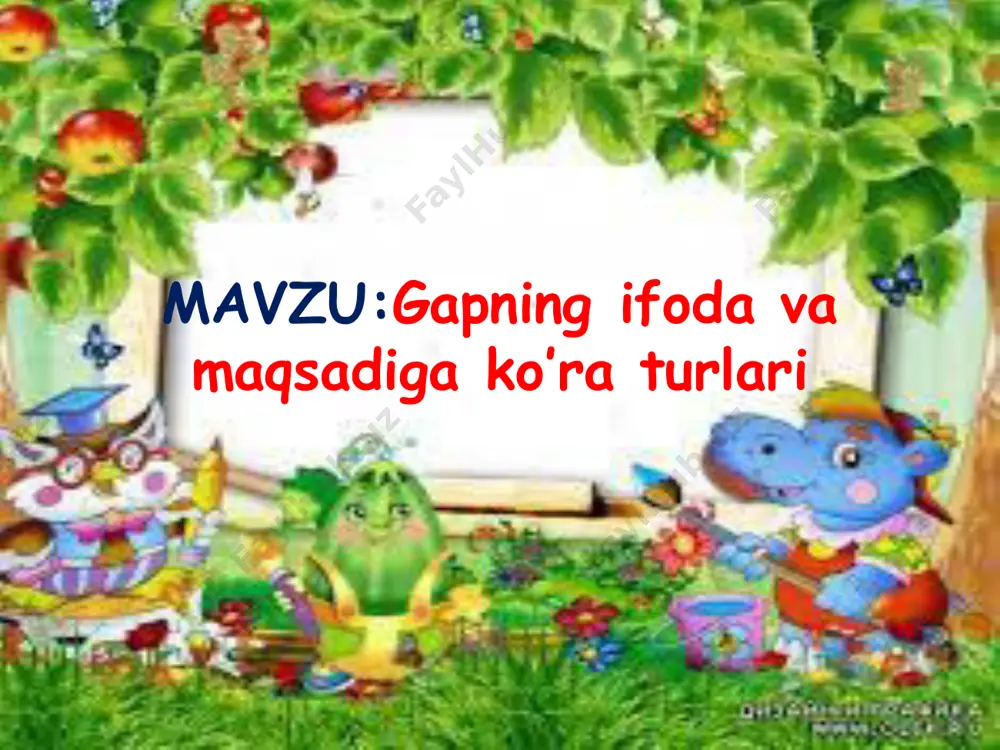 ta (.) qo‘yiladi, so‘roq mazmunidagi gapning oxiriga so‘- roq bel gisi (?) qo‘yiladi, his-hayajon mazmunidagi gapning oxiriga undov belgisi (!) qo‘yiladi. 162 – mashq. she’rdagi har bir gapning oxiriga qaysi tinish belgilari qo’yilgan? nima uchun? y u r a k k e r a k o’ylang! so’roq belgili gaplar qanday mazmun bildiriyapti? 163 – mashq. o‘qing. ayrim gaplar oxiriga nima uchun so‘roq belgisi qo‘yilgan? tog‘dan so‘rashdi: — sendan qudratli narsa bormi? — bor, inson bilan mehnat. — sen-chi, sen nima deysan, ona yer? — men inson va mehnat bilan tirikman. — ha, azim tog‘, ona zaminning hukm dori inson va mehnatdir. topshiriq: ajratib ko‘rsatilgan so‘zlar nega bosh harf bilan yozilgan? sizningcha, dunyoda kim qudratli? mustahkamlash: oxiriga (.) nuqta qo’yilagigan gaplar qanday gaplar aqliy hujum dam olish daqiqasi: salqin saharlarda, bodom gulida, binafsha labida, yerlarda bahor. qushlarning parvozi, yellarning nozi, baxmal vodiylarda, qirlarda bahor. qancha sevar eding, bag’rim, bahorni, o’rik gullarining …
