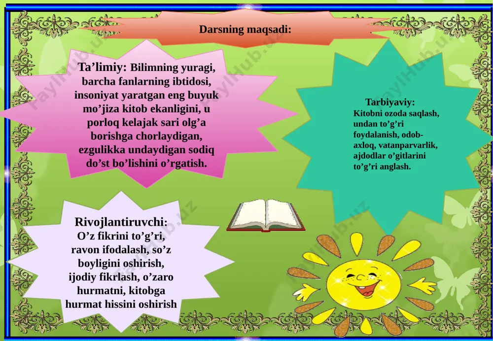 ball, 4 ball, 3 ball to’plab boriladi. aprel oyi muhim sanalarga boy, bugun 2.iv - xalqaro bolalar kitoblari kuni, 9.iv – amir temur 678 yilligi, 2.iv – m.yusuf tavalludining 60 yilligi darsimizni m.yusufning bir chiroyli she’ri bilan boshlasak. onamga o’xshaydi mening vatanim, onamday mehribon onamday xokisor holbuki, qizi bor yengolmas g’anim holbuki, o’g’li bor chaqmoqdek shunqor chunki dunyo ko’rgan, ko’rgisi kelmas qushning inini ham buzgisi kelmas muhammad yusuf obrazets teksta vtoroy uroven tretiy uroven chetvertiy uroven pyatiy uroven “chamaniston” she’ri tezkor savollar berish “aniq, lo’nda, tez” javob top o`tgan mavzuni mustahkamlash obrazets teksta vtoroy uroven tretiy uroven chetvertiy uroven pyatiy uroven yangi mavzu bayoni bugungi mavzu kitobim jon kitobim dilshod rajab haqida to’xtalish (she’rni so’rash)qani guruhlardan she’rni tinglaymiz.nur ziyoga kon o’zing deganda nimani tushunasiz to’g’ri kitob oftobdek nur sochagni ko’zga ko’rinmaydi, lekin vaqt o’tib kitob o’qigan kishida, so’zlarida nur, ziyo seziladi.bulbulday sayrar tilim qushdek xonish qilolmaymiz-u so’zlarimizda ma’no mantiq bo’lib, …