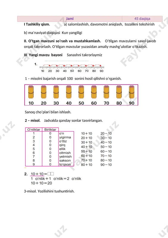 miz [image: image1.png] 1 – misolni bajarish orqali 100 sonini hosil qilishni o’rganish. [image: image2.png] sanoq cho’plari bilan ishlash. 2 – misol. jadvalda qanday sonlar tasvirlangan. [image: image3.png] [image: image4.png] 3-misol. yozilishini tushuntirish. [image: image5.png] o’quvchilar javoblarini nazorat qilish xatolar ustida ishlashni o’rgatish. (o’quvchilar javoblarini mustahkamlash, ularni fikrlarini to’g’riligini tasdiqlash). iv. yangi mavzuni mustahkamlash. o`quvchilarga o`tilgan mavzular yuzasidan qiyinchilik tug`dirgan joylariga qo`shimcha to`ldirishlar beriladi v ava ularning savollariga javob beriladi misollar ishlanadi.misolni doskada o`quvchilar tushuntirib yechadilar. v. dars jarayonida faol qatnashgan o’quvchilarni rajbatlantirish. o’quvchilarning darsdagi ishtiroki va ijodkorligi, faolligi, topshiriqlarni bajarish darajasiga ko’ra o’qituvchi tomonidan rajbatlantirilib boriladi. vi. uyga vazifa: 81-sahifadagi 4 – misol. 9 ta o‘nlikdan iborat sonni yozing. 10,20,30,40,50,60,70,80,90 4 ta o‘nlikdan iborat sonni yozing 35,53,75,89 o`ibdo`:______________________________ sana__________________________ mavzu : o’tilganlarni takrorlash maqsad: o’quvchilarga dts talablari asosida matematika fani bo’yicha ta’lim berish. matematik tayyorgarlikni belgilash. ta’limiy: o’quvchilarning sanoq texnikasini, to’g’ri va teskari sanash qobiliyatlarini boyi-tish. sonlarni o’zaro taqqoslash …