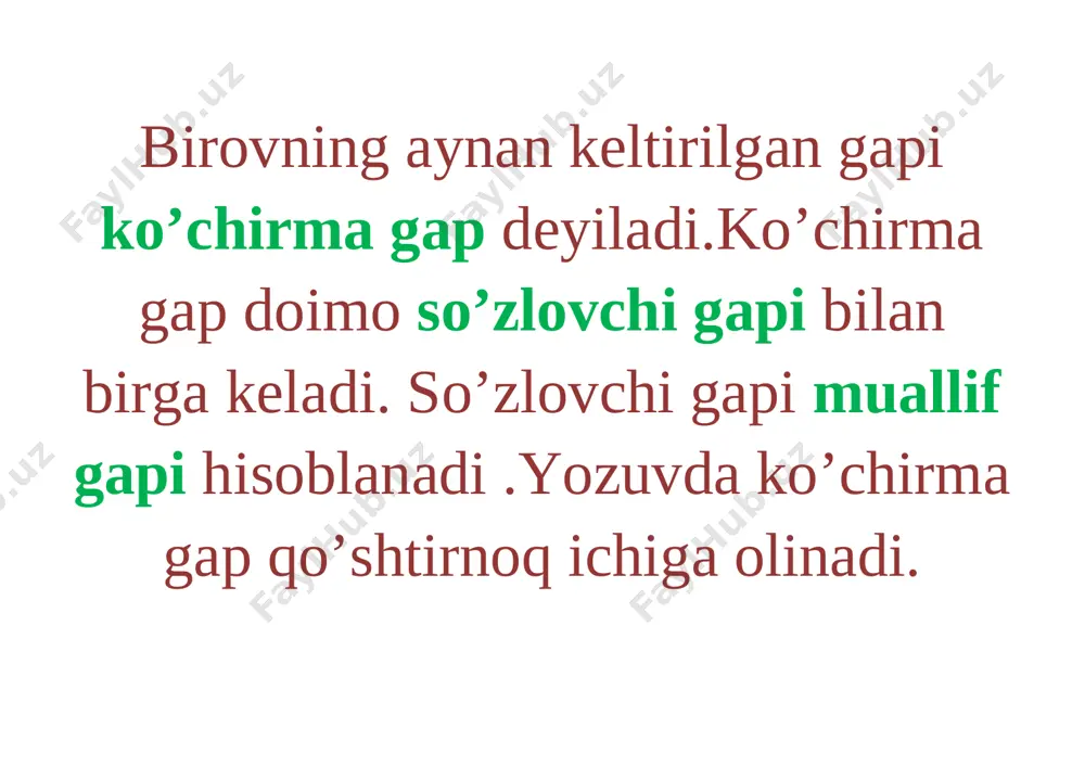 n?, qayer(-da, -ga, -dan)?, qanday (qilib?), nima uchun?, nima maqsadda? singari so’roqlarga javob bo’luvchi gap bo’lagiga hol deyiladi. maktabga ketdi. shaxs, narsa- buyum, joy nomlarini bildirib, kim?, nima?, so’roqlariga javob bo’luvchi mustaqil so’zga ot deyiladi. otlar son, egalik va kelishik qo’shimchalari bilan qo’llanadi. bir turdagi narsa – buyumning nomini bildirgan otlar turdosh ot deyiladi. masalan: qishloq, choynak, aka, daraxt. ayrim shaxs yoki narsa – buyumga atab qo’yilgan nomlar atoqli ot deyiladi. otlarga qo’shilib, ularni o’zidan keyin kelgan boshqa so’zlarga tobelashtirib bog’lab keladigan qo’shimchalarga kelishik qo’shimchalari deyiladi. otlarning uch shaxsdan biriga qarasli ekanini bildirgan qo’shimchalarga egalik qo’shimchalari deyiladi. egalik qo’shimchasi qo’shilgan ot, albatta, o’zidan oldingi otning qaratqich kelishigida kelishini talab qiladi. qanday?, qanaqa? so’roqlariga javob bo’lib, nasa – buyumning belgisini bildirgan so’zlarga sifat deyiladi. belgi deganda, rang – tus, maza – ta’m, shakl – hajm, xil – xususiyat kabilar tushuniladi. sifat gapda otga bog’lansa, aniqlovchi, gapning oxirida kelsa, kesim vazifasini bajaradi. …