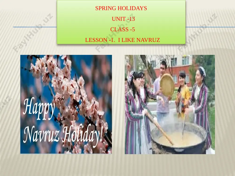 ay independence day t e s t s f o r c o n s o l i d a t i o n 1) when is navruz celebrated? a) spring b) summer c) autumn d) winter 2) what are spring months? a) july,march,may b) march,april,may c) march, april, august d) october, december what is your favourite holiday? a) i like winter b) my favourite day is monday c) my favourite seson is spring d) my favourite holiday is navruz h o m e w o r k .write about the holidays in your home town thank you for your attention!!! g o o d b y e image3.jpeg image4.jpeg image5.jpeg image6.png audio1.wav image7.jpeg image8.jpeg image9.jpeg image10.jpeg image11.jpeg image12.jpeg image13.jpeg image14.png image15.png image16.jpeg image17.jpeg