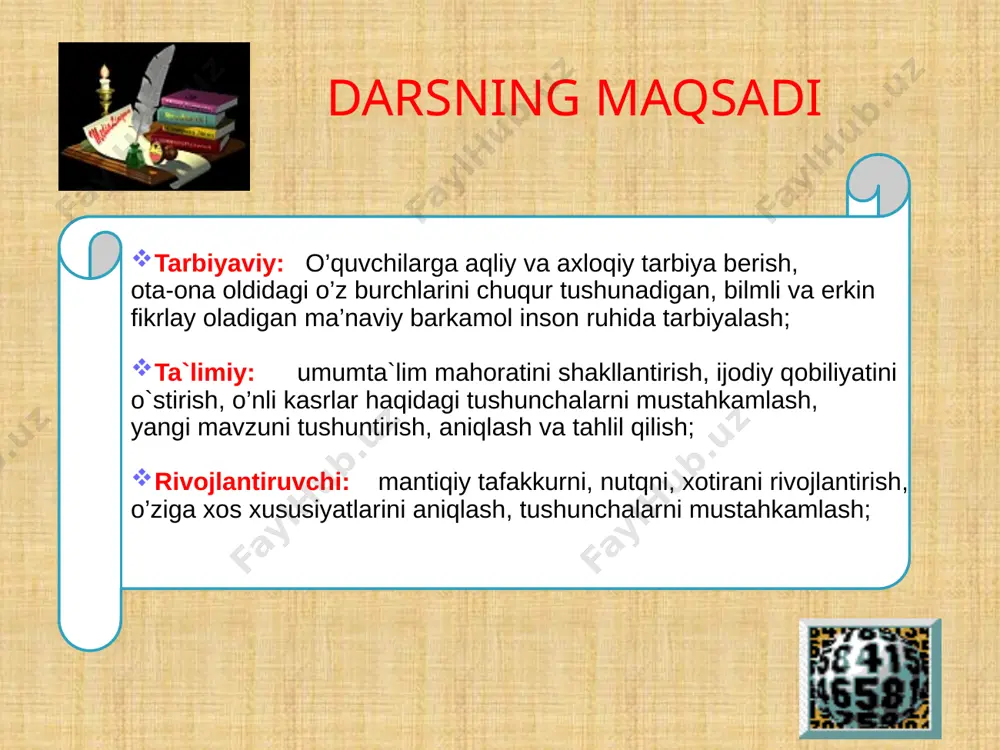 bida yozing noto’g’ri kasrdan butun sonni ajratib olish uchun: 1) suratni maxrajga qoldiqli bo’lish kerak; 2bo’linmada chiqan sonni butun qismga yoziladi; 3) qoldik suratga yoziladi, bo’luvchi esa maxrajga yoziladi. yozuvida butun va kasr son qatnashgan son aralash kasr deyiladi. aralash kasrni noto’g’ri kasr ko’rinishida ifodalash mumkin. aralash sonni noto’g’ri kasr ko’rinishida yozish uchun: 1) butun sonni kasrning maxrajiga ko’paytiriladi; 2) hosil bo’lgan ko’paytmaga suratdagi son qo’shib, suratga yoziladi; 3) kasrning maxraji o’zgarishsiz yoziladi. to’ldiring kasrning surati va maxrajini bir xil songa ko’paytirilsa yoki (noldan boshqa songa) bo’linsa uning qiymati o’zgarmaydi kasrning asosiy xossasi . . : : kasrlani qisqartiring quyidagi kasrlarni maxraji 40 bo’lgan kasr ko’rinishida ifodalang maxraji bir xil kasrlarni qo’shish uchun, maxraj o’zi yozilib, suratlar qo’shiladi + = + = maxraji bir xil kasrlarni ayirish uchun, maxraj o’zi yozilib, suratlar ayriladi kasrlar ustida amallarni bajaring. = + = = = + - - - - - - - …