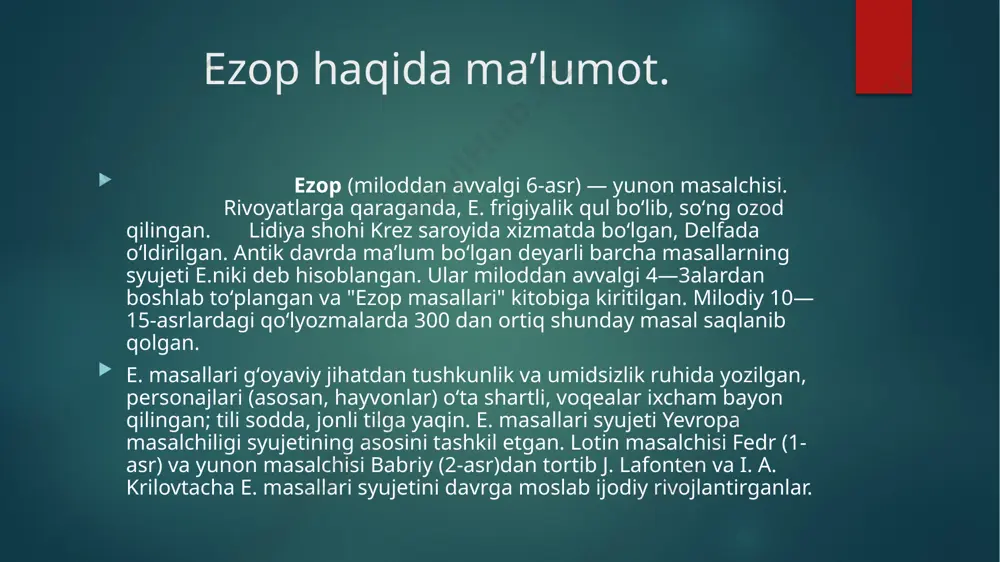 ri syujetini davrga moslab ijodiy rivojlantirganlar. baliqchi va baliqcha baliqchi kun bo‘yi baliq tutishga harakat qilib faqat kichkinagina baliqchani tutibdi. — yolvoraman, meni qo‘yib yubor, — debdi baliqcha. — men hozir yeyishing uchun judayam kichkinalik qilaman. agar hozir meni daryoga qo‘yib yuborsang, men tezda o‘saman, keyin sen mendan ajoyib¬ taom tayyorlaysan. — yo‘q, yo‘q, baliqcham, — debdi baliqchi, — men seni hozir yeyman, bundan keyin seni tutolmasligim mumkin. qissadan hissa: kelajakdagi nasiya katta narsadan ko‘ra, qo‘lingdagi naqd kichik narsa afzal. sichqonlar kengashi mushukning doimiy xavf solishidan tushkunlikka tushgan sichqonlar muammolarini hal qilish uchun kengash chaqirishibdi. ular birin-ketin bildirilgan rejalarni tahlil qilib, ularni rad eta berishibdi. oxiri bir yosh sichqon mushukning bo‘yniga qo‘ng‘iroq osib qo‘yishni taklif qilibdi. — qanday ajoyib fikr, — deb qichqi¬rishibdi ular, — bu mushuk kelganda qochish uchun juda yaxshi ogohlantirish! ular bu taklifni zavq-shavq va olqish¬lar bilan qabul qilishibdi. shunda keksa bir cichqon o‘rnidan turib: — bu …