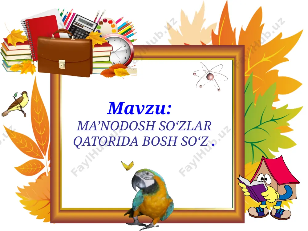 va ko‘chma ma’no 1 yoshliging g‘animat bolam o‘sib, un chiqanna behuda sado hamda un shakldosh 1 chillaki, kishmish, husayni, toyfi 1 tub, tup, fol, pol 1 bahs, munozara, tortishuv 1 blitz savollar № 1 1. do‘st boshga …… tushganda bilinadi. (j: kulfat) 2. kamalakning necha xil rangi bor ? (j: 7 ta) 3. ona bilan bola … ( j: gul bilan lola) 4. qish ingliz tilida qanday aytiladi ? ( j: winter) 5. o’zbekiston respublikasi konisitutsiya qachon qabul qilingan ? (j:1992-yil) 6. vatanparvar so’zida nechta unli harf bor? (j: 4 ta) 7. o’zbekiston respublikasi xalq ta’limi vaziri kim ? (j: sherzod shermatov) 8. tovuq tarozida 1 oyoqda tursa 2 kilogramm chiqadi.2 oyoqlab tursachi? (j: 2kg) 9. qanday so`zlar ma’nodosh so`zlar deyiladi? (j: aytilishi va yozilishi har xil, lekin ma’nosi bir-biriga yaqin bo‘lgan so‘zlami ma’nodosh so‘zlar ) 10. 2020 yil qanday nomlandi ? javob: ilm-ma’rifat va raqamli iqtisodiyotni rivojlantirish yili blitz …