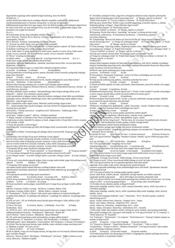 ) d) maxsus tur (xalq o'g'zaki ijodi) 10.adabiyotshunoslar fikriga ko'ra, "har qanday xalq to'g'risidagi eng to'g'ri va ta'sirchan ma'lumotni o'sha xalqning" nimasidan olsa bo'ladi? a) folkloridan b) badiiy adabiyotidan c) tarixidan d) yozma bitiklaridan 11.adabiyotshunoslar nimani "millatning tarjimayi holi" deyishadi? a) folklorni b)san'atni c) adabiyotni d) tarixni 12.adabiyotshunoslar nima haqida "kishilar uni ko'pincha, o'zaro suhbatda, bir-birlari bilan gaplashganlarida ishlatadilar", deyishgan ? a) hadis b) maqol c) aforizm d) topishmoq 13."shunday so'zki, so'zga husn beradi, fikrni tushunib olishni osonlashtiradi, uni yorqin, ta'sirchan qiladi... kimki uni ko'p ishlatsa, o'shaning nutqini shirali deydilar va diqqat bilan eshitadilar". bu o'rinda adabiyotshunoslar nimani nazarda tutishgan? a) hadisni b) matalni c) hikmatni d) maqolni 14.muhammadsharif gulxaniyning "zarbulmasal" asari xalq orasida yana qaysi nom bilan yuritilgan? a) ko' rqush hikoyati b) boyqush va yapaloqqush hikoyati c) yapaloqqush hikoyati d) yapaloqqush va boyo' g' lining quda-andachilik mojarolari 15.unda "fikr aniq, xulosa tugal, ifoda lo'nda bo'lishi lozim. va,albatta, ibratli …