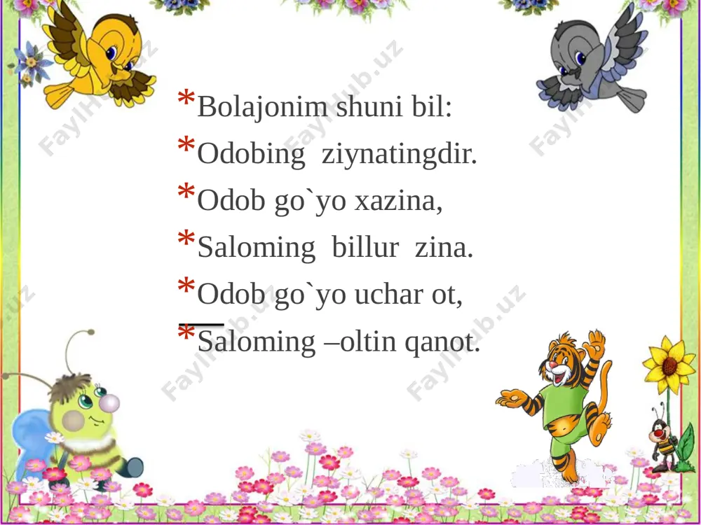 on boshqacha bola, tabiat bilan gaplasha oladi.u jilg`a yonida dam olib yotgan edi, uning so`zini eshitib qoldi: - olimjon, aliga ayt. nega menga chiqindi tashlaydi? – ingradi jilg`a. hikmatlar: tabiatga g’amxo’rlik- kelajakka g’amxo’rlik tova havo tanga davo maqollar: tozalik sog’likning garovidir “birni kessang, o’nni ek” bahorgi harakat kuzgi barakat ona bilan bola, gul bilan lola. bahor keldi, xamal keldi 1.ertakdan qanday xulosa chiqardingiz? 2. tabiat qo`yniga sayohat qilganimizda nimalarga e’tibor berishimiz kerak? tabiat va biz mavzusini o`qib kelish. mavzuga oid maqollar yod olish. kelinglar do’stlar tabiatni birgalikda barchamiz asraylik.