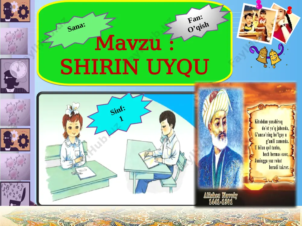 ry.com 1-savol 11. insonning eng ustivor huquqlaridan biri …………? bu tinch yashash huquqidir! savollarga qaytish www.themegallery.com 2-savol yalqovlik, dangasalik, aldamchilik qaysi she’r va hikoyada ifodalangan? “shirin uyqu” hikoyasi, “rost go`y bola” hikoyasi savollarga qaytish www.themegallery.com 3-savol ”aqlli qarg`a” hikoyasi muallifi? abdulla avloniy savollarga qaytish www.themegallery.com 4-savol podshoh oziga farzand tanlash uchun qanday yo`l tutdi? gul urug`i ektirdi savollarga qaytish www.themegallery.com 5-savol shamol bahsda quyoshdan nimaga yengildi? maqtanchoqligi uchun savollarga qaytish www.themegallery.com 6-savol sichqon sherni nima uchun qutqardi yaxshiligini qaytarish uchun. savollarga qaytish www.themegallery.com 7-savol mamlakatimizda “o'qituvchilar va murabbiylar kuni” qachondan boshlab nishonlanadi 1996 yil 1 oktyabrdan savollarga qaytish www.themegallery.com 8-savol “qilichim o’tkir bo’lsada, o’ylab qinidan chiqardim,shirin so’z aytib, g’animning iymon topmog’iga yo’l ochdim” satirlar mualifi kim? amir temur savollarga qaytish www.themegallery.com 9-savol maqolni davom ettiring: harchand o’qibsan- bilimdonsan, gar amal qilmading……… nodonsan savollarga qaytish www.themegallery.com 10-savol xusaynning kitobni yaxshi ko`rishini nimadan bilib oldingiz? savollarga qaytish bor puliga kitob olganidan www.themegallery.com …