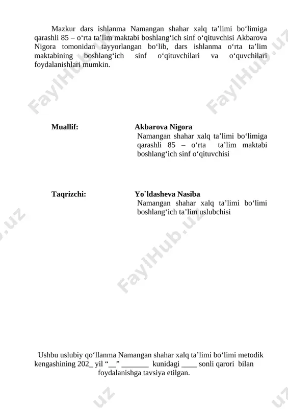 isklar, tarqatma materiallar darsning borishi: i. tashkiliy qism: o‘quvchilar diqqatini darsga jalb etish. darsning boshlanish qismida monitorda ko‘rsatish uchun yozuvlar chiqariladi: 1. sinf va o‘qituvchi haqida ma’lumot. · sinf – 1 b ; · dars – o`qish; · o‘qituvchi – akbarova nigora asatullayevna; · ma’lumoti – oliy; · bugun darsga qatnashmoqda – 22 nafar o‘quvchi; o‘qituvchi: o‘quvchilar odobning boshi nima? o‘quvchi: ustoz, odobning boshi salomlashishdur. (o‘quvchilar ingliz tilida bir-birlari bilan salomlashadilar.) 2. o‘qituvchi xulosasi: demak, kayfiyatlarimiz a’lo. (o‘qituvchi) salom aziz bolalarim, guli – rayhon lolalarim. so‘zlarimga quloq soling, jajji o‘g‘il qizlarim. ona yurt egasi siz, istiqlol ertasi siz. bo‘ling aqli rasolar, ham bilimdon donolar. o`quvchilarga o`zbekistonda va dunyoda sodir bo`layotgan siyosiy vaziyatlar haqida ma`lumot berish. ii. o‘tgan mavzuni takrorlash: boshqotirma katakchalarni to‘g‘ri to‘ldirsangiz, quyida berilgan maqolni bilib olasiz. [image: image6.emf][image: image7.emf][image: image8.emf] [image: image9.emf][image: image10.emf][image: image11.emf] [image: image12.emf][image: image13.emf][image: image14.emf][image: image15.emf][image: image16.emf] [image: image17.png][image: image18.emf][image: image19.emf][image: image20.jpg][image: image21.jpg][image: image22.jpg] [image: …