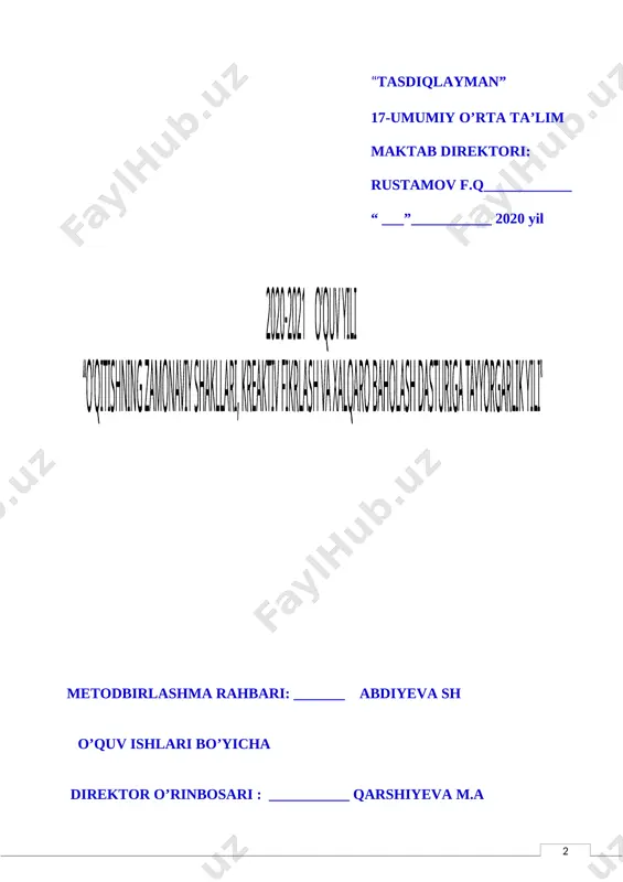 lish lozimligini his qilishi kerak. chunki, har bir fan o`qituvchisi faoliyati asosini sifatli dars o`tish, o`quvchilarga yaxshi ta'lim-tarbiya berish tashkil etadi.o`qituvchining darsga tayyorgarligi shartli ravishda quyidagi ikki bosqichdan iborat: 1. o`qituvchining o`z fani yuzasidan umumiy tayyorgarligi.2. o`qituvchining har bir darsga kundalik tayyorgarligi. o`qituvchining umumiy tayyorgarligi muntazam amalga oshirib boriladigan jarayon bo`lib, o`quv yili boshlanishi oldidan quyidagilarni qamrab oladi:- davlat ta'lim standarti (dts), o`quv dasturi, o`quv reja hamda ularga berilgan tushuntirish xatlarini o`rganib chiqish;- o`zi dars beradigan o`quv faniga oid yangi ilmiy va metodik adabiyotlarning mazmuni bilan tanishish;- tegishli ko`rgazma materiallarni, o`quv-jihozlarini o`rganish, ularni qo`llay bilish;- ilg`or o`qituvchilarning ish tajribalarini o`rganish, tahlil qilish orqali o`z bilimini kengaytirish; -kompyuter texnikasidan foydalanish ko`nikmasini shakllantirib, bu boradagi mahoratini oshirish, elektron darsliklar, matn muharrirlari, "ziyonet" axborot ta'lim portaliga joylangan ma'lumotlardan samarali foydalanish kabilardir. o`qituvchining darsga kundalik tayyorgarligi eng asosiy vazifalardandir. darsga tayyorgarlik ko`rish quyidagi bosqichlarda amalga oshirilishi lozim: 1-bosqich: taqvim-mavzu rejadagi yangi mavzu va unga …