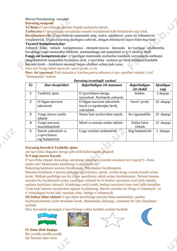 antiruvchi: o’quvchilarda matematik nutq, xotira, tafakkurni, yozuv ko’nikmalarini rivojlantirish. o’quvchilarning faolligini oshirish, olingan bilimlarini hayot bilan bog’lash. tayanch kompetensiyalar: axborot bilan ishlash kompetensiya elementi:mavzu doirasida ko’rsatilgan multimedia ilovalariga ongli munosabat bildirish. matematikaga oid atamalarni to‘g‘ri talaffuz etish; fanga oid kompetensiyalar: o’rganilgan matematik usullardan kundalik vaziyatlarda mehnatni yengillashtirish maqsadida foydalana olish. o’quvchilar sonlarni qo’shish bilishlari kundalik hayotda hisob – kitoblarni mustaqil bajara olishlari uchun juda zarur. dars turi:yangi bilim beruvchi: savol-javob, o’yin dars ko’rgazmasi:turli narsalar,o’yinchoq,meva,sabzavot,o’quv qurollari maketi,1-sinf “matematika” daftari. darsning texnologik xaritasi t|r dars bosqichlari bajariladigan ish mazmuni bajariladigan ish shakli ajratilgan vaqt 1 tashkiliy qism o’quvchilarni darsga tayyorlash. navbatchi axboroti. suhbat. 3 daqiqa 2 o’tilgan mavzuni takrorlash o’tilgan mavzuni takrorlash. savol va topshiriqlar berib, xulosalash. savol- javob. 10 daqiqa 3 yangi mavzu ustida ishlash noma’lum ayriluvchini topish. ko’rgazmalilik. 20 daqiqa 4 yangi mavzuni mustahkamlash misol va masala ustida ishlash daftar bilan ishlash 10 daqiqa 5 darsni yakunlash va o’quvchilarni rag’batlantirish …
