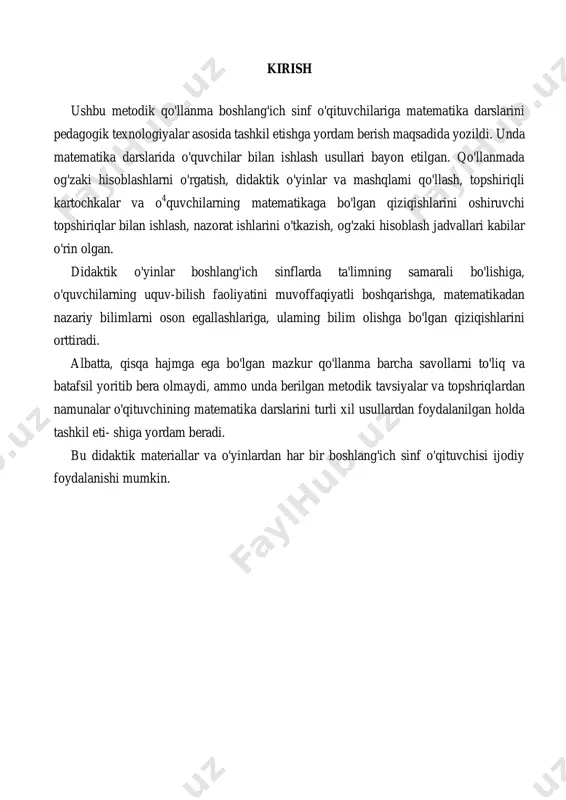 singib ketgan faoliyatdir, ularning bu faoliyati, o'yin turlariga qarab, ob'yektiv voqelikni, hayotni muayyan darajada o'zida aks ettiradi. o'yin sinfda o'tilgan o'quv faoliyatining ma'lum darajada davomi va mustahkamlanishidir. tajribada shu narsa isbotlanganki, o'yin kichik maktab yoshidagi o'quvchi bolalarning zarur hayotiy ehtiyojidir. didaktik o'yin — ta'lim beruvchi usul bo'lib, bu usul muayyan ta'limiy maqsadlarga erishuvga, ya'ni o'tilgan o'quv materialini aniqlashga, mustahkamlashga va uni chuqurlashtirishga qaratilgan bo'ladi. har bir didaktik o'yinni o'tkazishda muayyan bir vazifa maqsad qilib olinadi. masalan, «teatr» o'yiniga qo'yiladigan didaktik topshiriq bolalarning oldingi darslarda tanishgan 5 soni haqidagi tushunchalarini mustahkamlashdan iborat. «doiraviy misollar» o'yinida esa ikkinchi o'nlik ichida hisoblash malakalarini mustahkamlashdan iborat bo'lgan didaktik topshiriq qo'yiladi. didaktik topshiriq darsga qo'yiladigan umumiy maqsadning bir qismini tashkil qiladi. har bir didaktik o'yinning ham har qanday o'yindagi singari qoidalari bo'ladi. o'sha qoidalarga amal qilinmasa, o'yinning o'yin sifatidagi ahamiyati, binobarin, o'yinning ta'lim-tarbiyaviy va psixologik ahamiyati yo'qoladi. o'yin qoidalari o'yin topshirig'iga kiritiladi. o'yin topshirig'i — …