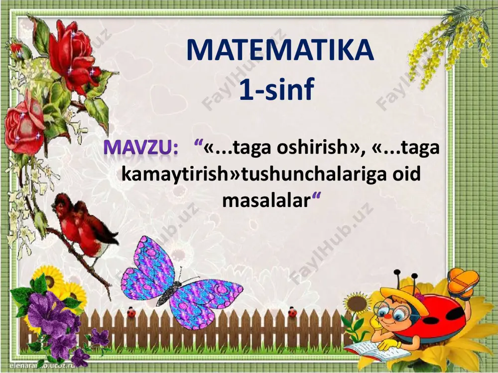 rni o`quv qurollarini nazoratdan o`tkazish, aylanma daftarlarni almashtirish. ii. otgan mavzuni so’rash va mustahkamlash. o`tilgan darsda “takrorlash ” yuzasidan savol-javob o`tkazish, uy vazifasini bajarilishini tahlili o`tkazilib no`to`g`ri bajarilgan misollar yuzasidan ko`rsatma beraman. iii yangi mavzu bayoni: vazifa dars so`ngida o`quvchilarning ishtirokiga ko’ra baholari e`lon qilinadi va rag’batlantiriladi. dam olish daqiqasi yakunlovchi xulosa biz buyuk yurt osmonida go’zal kamalak, barkamol avlod bo’lmoq eng ezgu tilak. etiboringiz uchun rahmat.