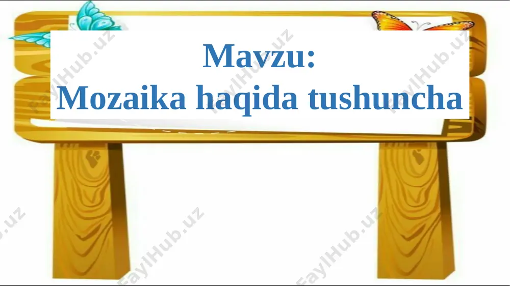 iladi? yangi mavzu bayoni: mavzu uchun kerakli o`quv jihozlarini tayyorlash. mayda qog`oz bo`lakchalarini qanday tartibda yopishtirish mumkin? qushlar qanday tasvirlangan? nimasi bilan o`xshash? mozaika – mayda bo`lakchalardan tuzilgan naqsh va rasmdir. mustahkamlash: salfetka qog‘ozini mayda qilib qirqib, dumaloq shaklga keltiring va uni chizib olgan andazangiz ustiga bir tekisda yopishtiring. o`ylab ko`ring, mozaika yaratish uchun qanday qog`oz olish qulay bo`ladi? yupqa qog`oni yoki qalin qog`ozmi? qog`oz bo`lakchalarini qanday yopishtirish kerak? savol-javob 1.qaysi faslni yoqtirasiz? 2.bezaklar nima uchun kerak? 3.applikatsiya deb nimaga aytiladi? uyga vazifa: darsda ulgurmagan ishlarini tugatib kelish. e’tiboringiz uchun rahmat! image1.jpg image2.jpg image3.jpg image4.png image5.png image6.png image7.png image8.png image9.png image10.png image11.png
