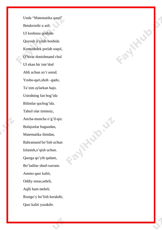 yin o’nlik sanoq tartibi bilan katta sonlarni hosil qilish oson bo’lgan.mana bunday: 10,100,1000…. al-xorazmiy:- aziz bolajonlar,siz ancha narsalarni bilib olibsiz.endi bundan-da ko’p o’qib-o’rganing,matematikaning bor sirlaridan ogoh bo’ling.men bu yo’lda sizlarga omad, kuch-quvvat ,sabr-matonat tilayman. (raqamlar davraga chiqishadi) sirli sonlar saf tortgan, askarlarga o’hshaydi. bolajonlar tinglaylik ular bizga ne deydi. “0” -juda puch ham emasman, o’lagandek ba’zilar. o’tsam sonlar ortiga kuchim yaqqol sezilar. “1” –noldan keyin turaman, chizg’ichingga qarab boq, sonlar chra doimo birinchiman,ey o’rtoq. “2” -qomatimni ko’rganlar qiyos etar oqqushga. mendan dir-dir titraydi, ihlosi yo’q o’qishga. “3” -bilimingni baholab noiloj qoniqaman. qachon yetar to’rtga deb, ko’z tikib toliqaman. “4” -to’ntarilgan stulga o’hshab ketar bo’y-bastim. otim yaxshi ,to’rtta harf, besh mening yaqin do’stim. “5” -rassom chizar o’hshatib, yuk ko’targich ilmoqqa. men muallim sovg’asi, bilimdon har o’rtoqqa. shu tariqa 6,7,8,9,10 sonlariga ta’rif beriladi. -mana endi bolajonlar “matematika qasri”ning sehrli kalitini qo’lga kiritish uchun o’zaro kuch sinashamiz. bunda biz 3 guruhga bo’lingan holda …