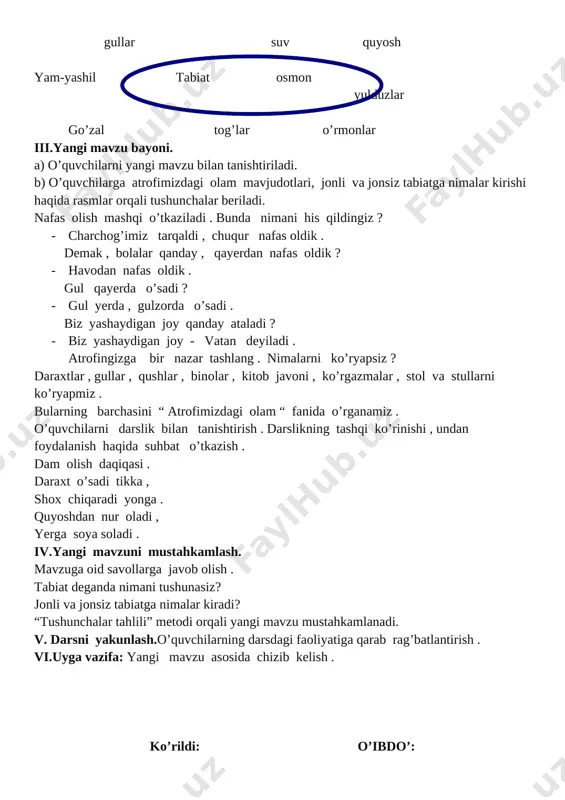 . xilma-xil hayvonlar qushlar daraxtlar gullar suv quyosh yam-yashil tabiat osmon yulduzlar go’zal tog’lar o’rmonlar iii.yangi mavzu bayoni. a) o’quvchilarni yangi mavzu bilan tanishtiriladi. b) o’quvchilarga atrofimizdagi olam mavjudotlari, jonli va jonsiz tabiatga nimalar kirishi haqida rasmlar orqali tushunchalar beriladi. nafas olish mashqi o’tkaziladi . bunda nimani his qildingiz ? · charchog’imiz tarqaldi , chuqur nafas oldik . demak , bolalar qanday , qayerdan nafas oldik ? · havodan nafas oldik . gul qayerda o’sadi ? · gul yerda , gulzorda o’sadi . biz yashaydigan joy qanday ataladi ? · biz yashaydigan joy - vatan deyiladi . atrofingizga bir nazar tashlang . nimalarni ko’ryapsiz ? daraxtlar , gullar , qushlar , binolar , kitob javoni , ko’rgazmalar , stol va stullarni ko’ryapmiz . bularning barchasini “ atrofimizdagi olam “ fanida o’rganamiz . o’quvchilarni darslik bilan tanishtirish . darslikning tashqi ko’rinishi , undan foydalanish haqida suhbat o’tkazish . dam olish daqiqasi …