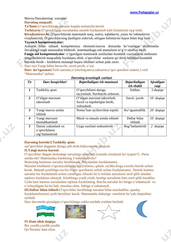 i uyg’otish. rivojlantiruvchi: o’quvchilarda matematik nutq, xotira, tafakkurni, yozuv ko’nikmalarini rivojlantirish. o’quvchilarning faolligini oshirish, olingan bilimlarini hayot bilan bog’lash. tayanch kompetensiyalar: axborot bilan ishlash kompetensiya elementi:mavzu doirasida ko’rsatilgan multimedia ilovalariga ongli munosabat bildirish. matematikaga oid atamalarni to‘g‘ri talaffuz etish; fanga oid kompetensiyalar: o’rganilgan matematik usullardan kundalik vaziyatlarda mehnatni yengillashtirish maqsadida foydalana olish. o’quvchilar sonlarni qo’shish bilishlari kundalik hayotda hisob – kitoblarni mustaqil bajara olishlari uchun juda zarur. dars turi:yangi bilim beruvchi: savol-javob, o’yin dars ko’rgazmasi:turli narsalar,o’yinchoq,meva,sabzavot,o’quv qurollari maketi,1-sinf “matematika” daftari. darsning texnologik xaritasi t|r dars bosqichlari bajariladigan ish mazmuni bajariladigan ish shakli ajratilgan vaqt 1 tashkiliy qism o’quvchilarni darsga tayyorlash. navbatchi axboroti. suhbat. 3 daqiqa 2 o’tilgan mavzuni takrorlash o’tilgan mavzuni takrorlash. savol va topshiriqlar berib, xulosalash. savol- javob. 10 daqiqa 3 yangi mavzu ustida ishlash noma’lum ayriluvchini topish. ko’rgazmalilik. 20 daqiqa 4 yangi mavzuni mustahkamlash misol va masala ustida ishlash daftar bilan ishlash 10 daqiqa 5 darsni yakunlash va …