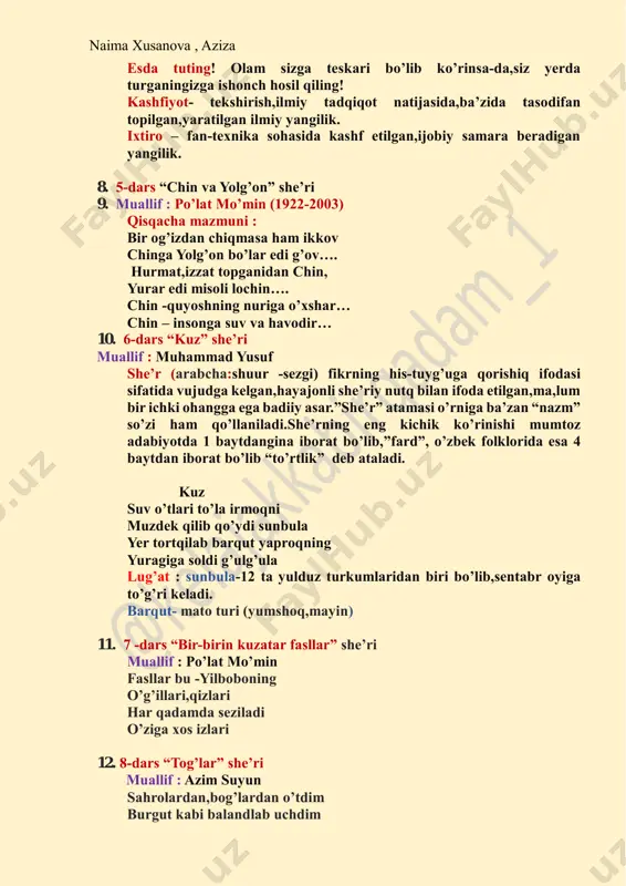 har… chin – insonga suv va havodir… 10. 6-dars “kuz” she’ri muallif : muhammad yusuf she’r (arabcha:shuur -sezgi) fikrning his-tuyg’uga qorishiq ifodasi sifatida vujudga kelgan,hayajonli she’riy nutq bilan ifoda etilgan,ma,lum bir ichki ohangga ega badiiy asar.”she’r” atamasi o’rniga ba’zan “nazm” so’zi ham qo’llaniladi.she’rning eng kichik ko’rinishi mumtoz adabiyotda 1 baytdangina iborat bo’lib,”fard”, o’zbek folklorida esa 4 baytdan iborat bo’lib “to’rtlik” deb ataladi. kuz suv o’tlari to’la irmoqni muzdek qilib qo’ydi sunbula yer tortqilab barqut yaproqning yuragiga soldi g’ulg’ula lug’at : sunbula-12 ta yulduz turkumlaridan biri bo’lib,sentabr oyiga to’g’ri keladi. barqut- mato turi (yumshoq,mayin) 11. 7 -dars “bir-birin kuzatar fasllar” she’ri muallif : po’lat mo’min fasllar bu -yilboboning o’g’illari,qizlari har qadamda seziladi o’ziga xos izlari 12. 8-dars “tog’lar” she’ri muallif : azim suyun sahrolardan,bog’lardan o’tdim burgut kabi balandlab uchdim naima xusanova , aziza cho’qqilardan cho’qiiga ko’chdim o,bunchalar go’zal bu tog’lar. lug’at: tug’dona- toshdaraxt,qayrag’ochdoshlar oilasiga mansub bo’lib,doimoiy yashil daraxtlar turkumiga kiradi. andiz-qoqidoshlar …
