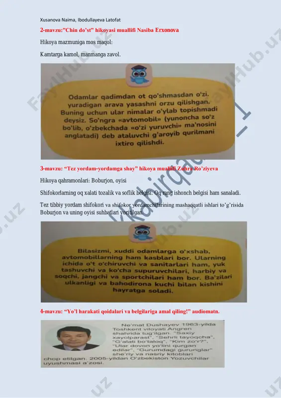 yomg’irga, uchunchu o’g’il shamolga, to’rtinchi o’g’il quyoshga aylanar ekan. qor yog’ar, qor yog’ar, dalalarga don yog’ar. qor yog’ar, qor yog’ar uyimizga non yog’ar. (bolalar sevinib aytishadi) 11-mavzu: “o’lkamizda qish” audiomatni qishning qori-yozga dori.-maqol 12-mavzu: “qish qori bilan” she’rining muallifi po’lat mo’min qishning viqor-qor, osmon unlari –qor uchqunlari viqor—mag’rurona va ulug’vor ko’rinish, salobat g’ujg’on-to’da, to’p holatda xusanova naima, ibodullayeva latofat 13-mavzu: “yaxshilik izlagan bola” (“yaxshilik izlagan bola”kitobidan olingan) hikoya qahramonlari: jamshid, onasi, otasi shatakka olmoq-o’zi yurolmaydigan transportni boshqa transportga tirkab olib yurish shamol ko’z ochirgani qo’ymadi-qattiq esayotgan shamol 14-mavzu: “do’stlik yo’lagi” (hikoyat) 15-mavzu: “xush kelibsi, yangi yil” she’rining muallifi- abdulla oripov 16-mavzu:bo’lim yuzasidan takrorlash. xusanova naima, ibodullayeva latofat