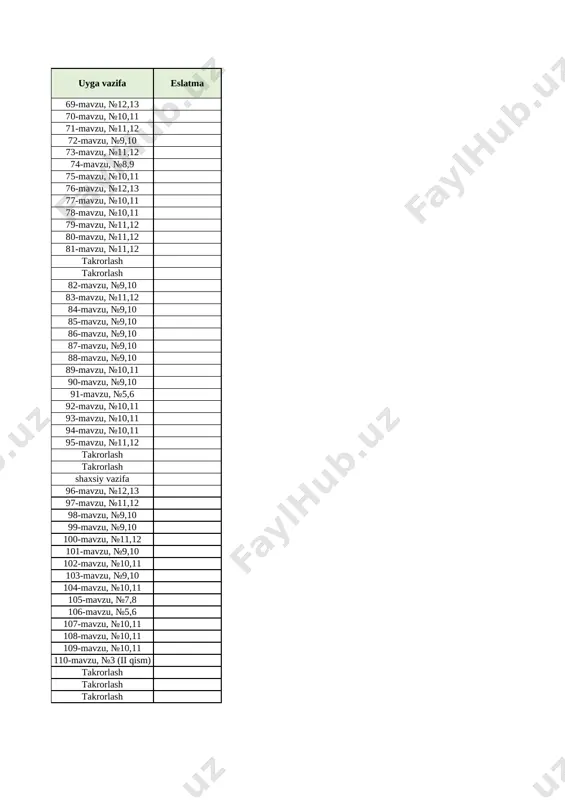 sonli nur yordamida yechish 1 104-mavzu, №10,11 122 koordinata burchagi 1 105-mavzu, №7,8 123 koordinata burchagida nuqtalar yasash 1 106-mavzu, №5,6 124 o‘qli simmetriya 1 107-mavzu, №10,11 125 simmetrik shakllar 1 108-mavzu, №10,11 126 tarkibli tenglamalar 1 109-mavzu, №10,11 127 tenglamalarni soddalashtirish 1 110-mavzu, №3 (ii qism) 128 7-nazorat ishi 1 takrorlash 129 xatolar ustida ishlash 1 takrorlash 130 loyiha 1 takrorlash