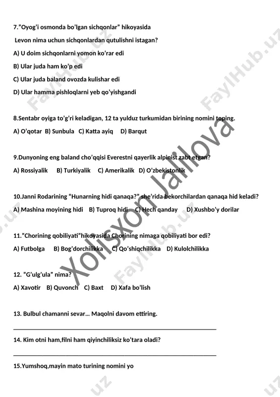 ________________________ 14. kim otni ham,filni ham qiyinchiliksiz ko’tara oladi? ______________________________________________________________ 15.yumshoq,mayin mato turining nomini yo