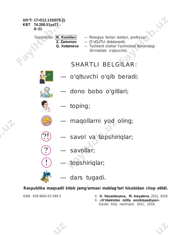 ldi. biz vatanimiz bilan faxrlanamiz. 1. ozod va mustaqil yurtimizda qanday yangi binolar qurildi? 2. mahallangizdagi obodonlash- tirish ishlari haqida so‘zlab bering. ?! 2. bobolardan meros yurt 7 1. biz yashayotgan yurt qanday ataladi? 2. biz nima uchun vatanimizni sevamiz? 3. yuqoridagi rasmlar asosida vatanimiz haqida so‘zlab bering. ?! vatanga mehr onaning allasi- dan boshlanadi. 8 3. odob-axloq me’yorlarining dastlabki talablari yaxshi so‘z gapirganda «sizlab» gapir, «sen», «san»lama. hammani ham sen o‘zingga teng sanama. «katta», «kichik» degan axir so‘zimiz bor. qarshimizda kim turibdi, ko‘zimiz bor. hurmat degan gap bor elda, yodingda tut. pala-partish so‘z aytishni, darhol unut. tolib yo‘ldosh o‘ziga boqma – so‘ziga boq. alisher navoiy she’rni tinglab, axloq-odob me’- yorlarining dastlabki talablari nima ekanini aytib bering. ! 9 1. rasmlarda tasvirlangan bo- lalarni nima uchun mehribon, a’lochi, ozoda, ahil va odobli bolalar deymiz? 2. buvijoningizdan odobli bola qanday bo‘lishini bilib oling. yaxshilardan i t ol. yomon baxil bo‘lar, yaxshi …