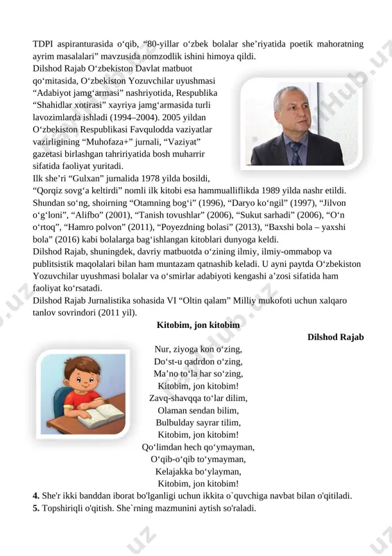 hladi. 1990–1993 yillar nizomiy nomidagi tdpi aspiranturasida oʻqib, “80-yillar oʻzbek bolalar sheʼriyatida poetik mahoratning ayrim masalalari” mavzusida nomzodlik ishini himoya qildi. [image: https://saviya.uz/wp-content/uploads/2017/06/dilshod_rajab-640x400.jpg?x21921]dilshod rajab oʻzbekiston davlat matbuot qoʻmitasida, oʻzbekiston yozuvchilar uyushmasi “adabiyot jamgʻarmasi” nashriyotida, respublika “shahidlar xotirasi” xayriya jamgʻarmasida turli lavozimlarda ishladi (1994–2004). 2005 yildan oʻzbekiston respublikasi favqulodda vaziyatlar vazirligining “muhofaza+” jurnali, “vaziyat” gazetasi birlashgan tahririyatida bosh muharrir sifatida faoliyat yuritadi. ilk sheʼri “gulxan” jurnalida 1978 yilda bosildi, “qorqiz sovgʻa keltirdi” nomli ilk kitobi esa hammualliflikda 1989 yilda nashr etildi. shundan soʻng, shoirning “otamning bogʻi” (1996), “daryo koʻngil” (1997), “jilvon oʻgʻloni”, “alifbo” (2001), “tanish tovushlar” (2006), “sukut sarhadi” (2006), “oʻn oʻrtoq”, “hamro polvon” (2011), “poyezdning bolasi” (2013), “baxshi bola – yaxshi bola” (2016) kabi bolalarga bagʻishlangan kitoblari dunyoga keldi. dilshod rajab, shuningdek, davriy matbuotda oʻzining ilmiy, ilmiy-ommabop va publitsistik maqolalari bilan ham muntazam qatnashib keladi. u ayni paytda oʻzbekiston yozuvchilar uyushmasi bolalar va oʻsmirlar adabiyoti kengashi aʼzosi sifatida ham faoliyat …
