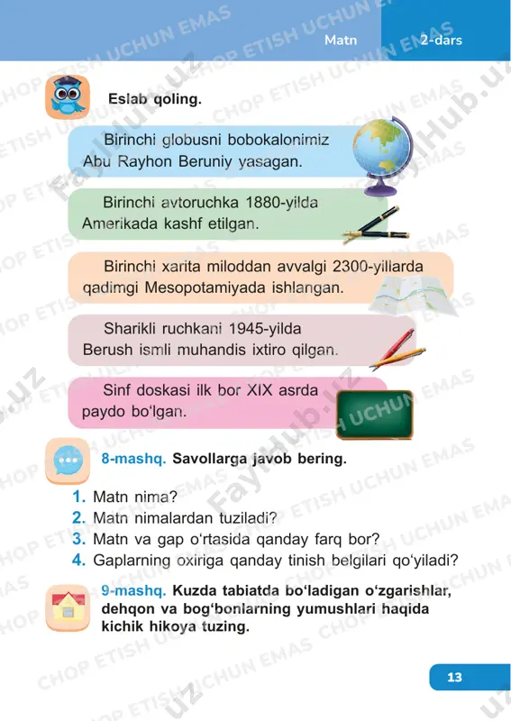 un emas chop etish uchun emas chop etish uchun emas 14 matn2-dars 10-mashq. rasmli hikoyani oʻqing. malika dan keldi-yu, onasiga uy ishlarida yordam berdi. keyin sidan – larini olib, darslarini tayyorlay boshladi. ona tilidan “hayvonot bogʻi” mavzusida matn tuzish kerak. oʻsha kuniyoq malika dadasidan ga olib borishini iltimos qildi. ular chipta sotib olib, bogʻga kirib borishdi. avval larni, keyin larni tomosha qilishdi. soʻngra , , , , ni tomosha qilishdi. ning rang- barang, chiroyli ekanini, ning suvda suzishini, oq va qora larni, oq, kulrang va momiqqina ni koʻrib zavqlanishdi. chop etish uchun emas chop etish uchun emas chop etish uchun emas chop etish uchun emas chop etish uchun emas chop etish uchun emas chop etish uchun emas chop etish uchun emas chop etish uchun emas chop etish uchun emas chop etish uchun emas chop etish uchun emas chop etish uchun emas chop etish uchun emas chop etish uchun emas chop …