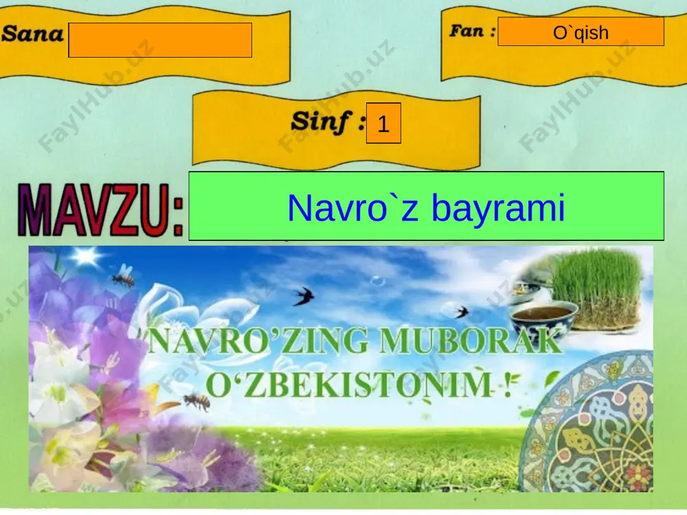 adi. unib chiqqanidan keyin 30—45 kunda barglari isteʼmolga tayyor boʻladi ismaloq vitaminlarga boy boʻlib, undan somsa va boshqa taomlar tayyorlanadi. yangi mavzuni mustahkamlash navro`z qachon bayram qilinadi? navro`zni odamlar qanday nishonlaydilar? bahorgi taomlarga solinadigan ko`katlar nomini ayting? aqlimizni charxlaymiz dars yakuni o`quvchilarni rag`batlantirish matnni o`qib hikoya qilib berishga tayyorlanib kelish. navro`z rasmini chizib kelish.