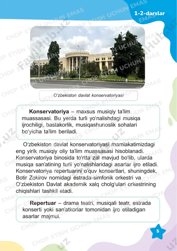 op etish uchun emas chop etish uchun emas chop etish uchun emas chop etish uchun emas chop etish uchun emas chop etish uchun emas 6 konsert zalida o‘zini tutish qoidalari: • o‘zingizni vazmin tuting, atrofdagilarga xushmuomala bo‘ling. • mobil telefoningizni o‘chirib qo‘ying. • zalga kirayotganda o‘g‘il bolalar birinchi bo‘lib qizlarni o‘tkazib yuborsin. • o‘rindiqda o‘tirganda ikkala tirsak qo‘ygichni egallab olmang. • agar spektakl ijrosi kechiksa, hovliqib qarsak chalmang. • parda ko‘tarilgandan keyingina qarsak chalishga ruxsat beriladi. • spektakl davomida taassurotlaringiz haqida gapirmang. • spektakldan keyin minnatdorchiligingizni faqat qarsaklar bilangina emas, balki “ofarin!” degan xitob bilan ham bildirishingiz mumkin. • “bis!” so‘zi har doim ham mos kelmaydi. bu “iltimos, takrorlang” degan ma’noni anglatadi. 1-2-darslar chop etish uchun emas chop etish uchun emas chop etish uchun emas chop etish uchun emas chop etish uchun emas chop etish uchun emas chop etish uchun emas chop etish uchun emas chop etish uchun emas chop …