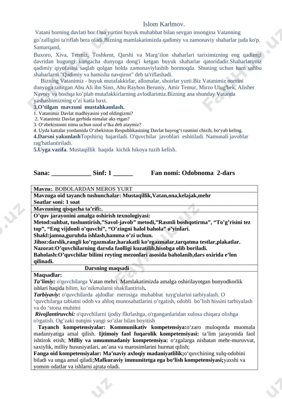 mini nishonladik. bizning vatanimiz o’zbekiston deb nomlanadi. uning bunday nomlanishi asosiy qonunimiz bo’lgan konstitutsiyamizda mustahkamlab qo’yilgan. mamlakatimizning poytaxti toshkent shahridir.biz 1-sentabrni mustaqillik bayrami qilib nishonlaymiz. o‘zbekiston 1991-yil 31-avgust kuni mustaqillikka erishdi va o‘zbekiston respublikasi deb e’lon qilindi. mustaqillik bayrami eng quvonchli bayram hisoblanadi. vatan - g'oyat ulug' tushuncha. inson tug'ilgan, voyaga yetgan xonadon, mahalla, qishloq va shahar vatan ichidagi kichik vatandir. [image: image1.png] [image: image2.png] [image: image3.png] o’z kindik qoni to’kilgan, ota- bobolari xoki yotgan ona yurtini dunyoda tengsiz, muqaddas vatan deb biladigan odamning maqsad- muddaolari aniq, g’urur va iftixori yuksak bo’ladi. islom karlmov. vatani borning davlati bor.ona yurtini buyuk muhabbat bilan sevgan insongina vatanning go’zalligini ta'riflab bera oladi.bizning mamlakatimizda qadimiy va zamonaviy shaharlar juda ko'p. samarqand, buxoro, xiva, termiz, toshkent, qarshi va marg’ilon shaharlari tariximizning eng qadimgi davridan bugungi kungacha dunyoga dong'i ketgan buyuk shaharlar qatoridadir.shaharlarimiz qadimiy qiyofasini saqlab qolgan holda zamonaviylashib bormoqda. shuning uchun ham ushbu shaharlarni "qadimiy …