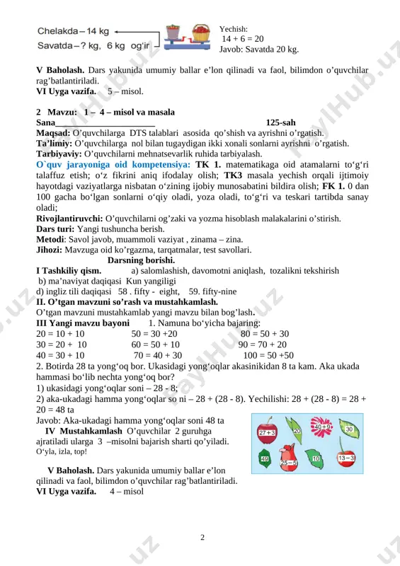 yangi mavzuni mustahkamlash o’quvchilar yozuvini nazorat qilish. 4 - masala shartini tushuntirish. rasm va qisqa yozuv bo‘yicha masala tuzing va uni yeching: [image: image4.png] yechish: 14 + 6 = 20 javob: savatda 20 kg. v baholash. dars yakunida umumiy ballar e’lon qilinadi va faol, bilimdon o’quvchilar rag’batlantiriladi. vi uyga vazifa. 5 – misol. 2 mavzu: 1 – 4 – misol va masala sana______________________ 125-sah maqsad: o’quvchilarga dts talablari asosida qo’shish va ayrishni o’rgatish. ta’limiy: o’quvchilarga nol bilan tugaydigan ikki xonali sonlarni ayrishni o’rgatish. tarbiyaviy: o’quvchilarni mehnatsevarlik ruhida tarbiyalash. o`quv jarayoniga oid kompetensiya: tk 1. matematikaga oid atamalarni to‘g‘ri talaffuz etish; o‘z fikrini aniq ifodalay olish; tk3 masala yechish orqali ijtimoiy hayotdagi vaziyatlarga nisbatan o‘zining ijobiy munosabatini bildira olish; fk 1. 0 dan 100 gacha bo‘lgan sonlarni o‘qiy oladi, yoza oladi, to‘g‘ri va teskari tartibda sanay oladi; rivojlantiruvchi: o’quvchilarni og’zaki va yozma hisoblash malakalarini o’stirish. dars turi: yangi tushuncha berish. metodi: …
