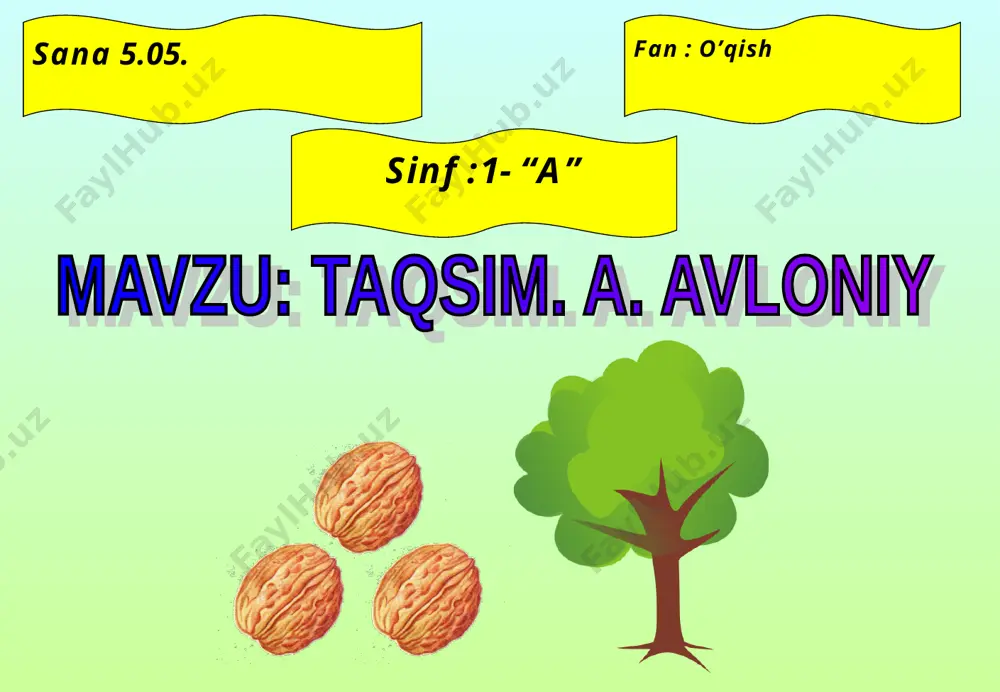 darsliklari bosilib chiqdi. 1.a.avloniy 1878 yilning 12-iyulida toshkentning mergancha mahallasida dunyoga keldi. otasi mirolim aka mayda hunarmand-to‘quvchi edi. u butun qiyinchilikni bo‘yniga olib, o‘g‘lini savodli qilishga jazm etdi. bir kuni ikki bola ko‘chada o‘ynab yurgan zamonda bitta yong‘oq topib oldilar. biri: « men olaman, avval men ko‘rdim », - dedi. ikkinchsi: ”yo‘q, birodar, men olaman, yerdan men oldim” – dedi. ikkalasi janjallashib qoldi. bir yigit kelib: ”ey chirog‘larim, shoshmang, talashmang. men sizlarga yaxshilab taqsimlab beraman”, - dedi. u yong‘oqni bolalar qo‘lidan olib, ikkiga ajratdi. bir palla po‘choqni birinchi bolaga, ikkinchi palla po‘chog‘ini ikkinchi bolaga berdi: ”mana, qolgani taqsim qilgan kishiga”, - dedi. yong‘oqning mag‘zini og‘ziga solib, jo‘nab ketdi. bolalar esa yong‘oq po‘chog‘ini ushlab, ajablanib qoldilar. lug’at ishi: taqsim – bo’laklarga, qismlarga bo’lish zamon – vaqt, davr ozga qanot qilmagan ko‘pdan qolur hikmatli gap: lug’at ishi: taqsim – bo‘laklarga, qismlarga bo‘lish zamon – vaqt, davr daddy finger, daddy finger were are …