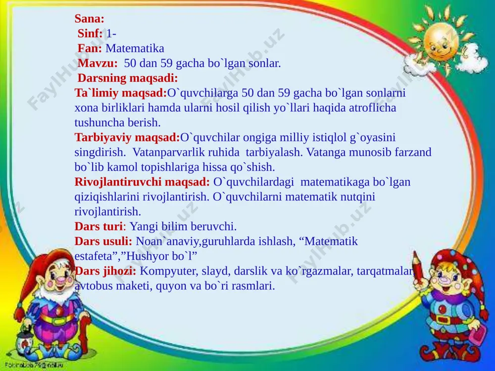 bo`lsa, sayohat uchun avtobusga chiptalarni qo`lga kiritadilar. ii. o`tilgan mavzuni takrorlsh: o`tilgan mavzu 40dan 49 gacha bo`lgan sonlar “hushyor bo`l” ta`limiy o`yini va “matematik estafeta ” orqali mustahkamlanadi. 20+20= 49-9= 40+2= 47-7= 40+3= 40+5= 40+5= 43-3= 40+9= 45+3= 37-7= 40+7= o`nliklar birliklar ellik bir 5 1 2 ellik ikki 3 ellik uch 4 ellik to`rt 5 ellik besh 6 ellik olti 7 ellik etti 8 ellik sakkiz 9 ellik to`qqiz iii . yangi mavzu bayoni: o`quvchilar bugun sizlar bilan 50dan 59gacha bo`lgan sonlar bilan tanishamiz va ularga doir misol va masala ishlaymiz. avvalo,50da 59gacha bo`lgan sonlarni tartib bo`yicha joylashtirib olamiz. so`ngra xona birliklariga to`xtalamiz. 50 51 52 53 54 55 56 57 58 59 o`nliklar birliklar ellik bir 5 1 2 ellik ikki 3 ellik uch 4 ellik to`rt 5 ellik besh 6 ellik olti 7 ellik etti 8 ellik sakkiz 9 ellik to`qqiz o`quvchilar sonlarni she`riy usulda tanishtiradilar: 50-besh …